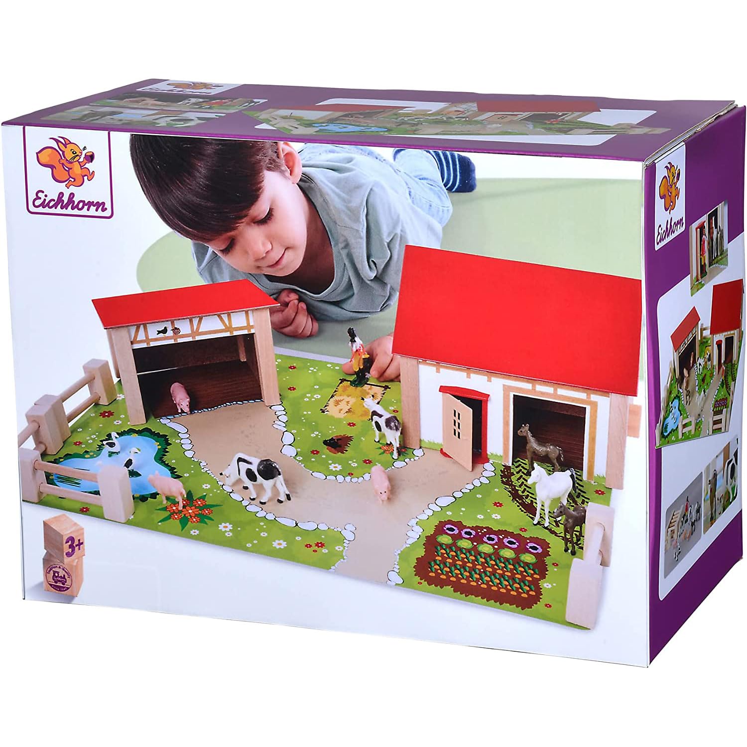 Eichhorn Bauernhof 100004309 - Bauernhof bestehend aus 2 Gebäuden, Spielplatte, Figuren, Tiere, Zäune, 20 teilig, Größe 36x51cm, Buchenholz, für Kinder ab 3 Jahren