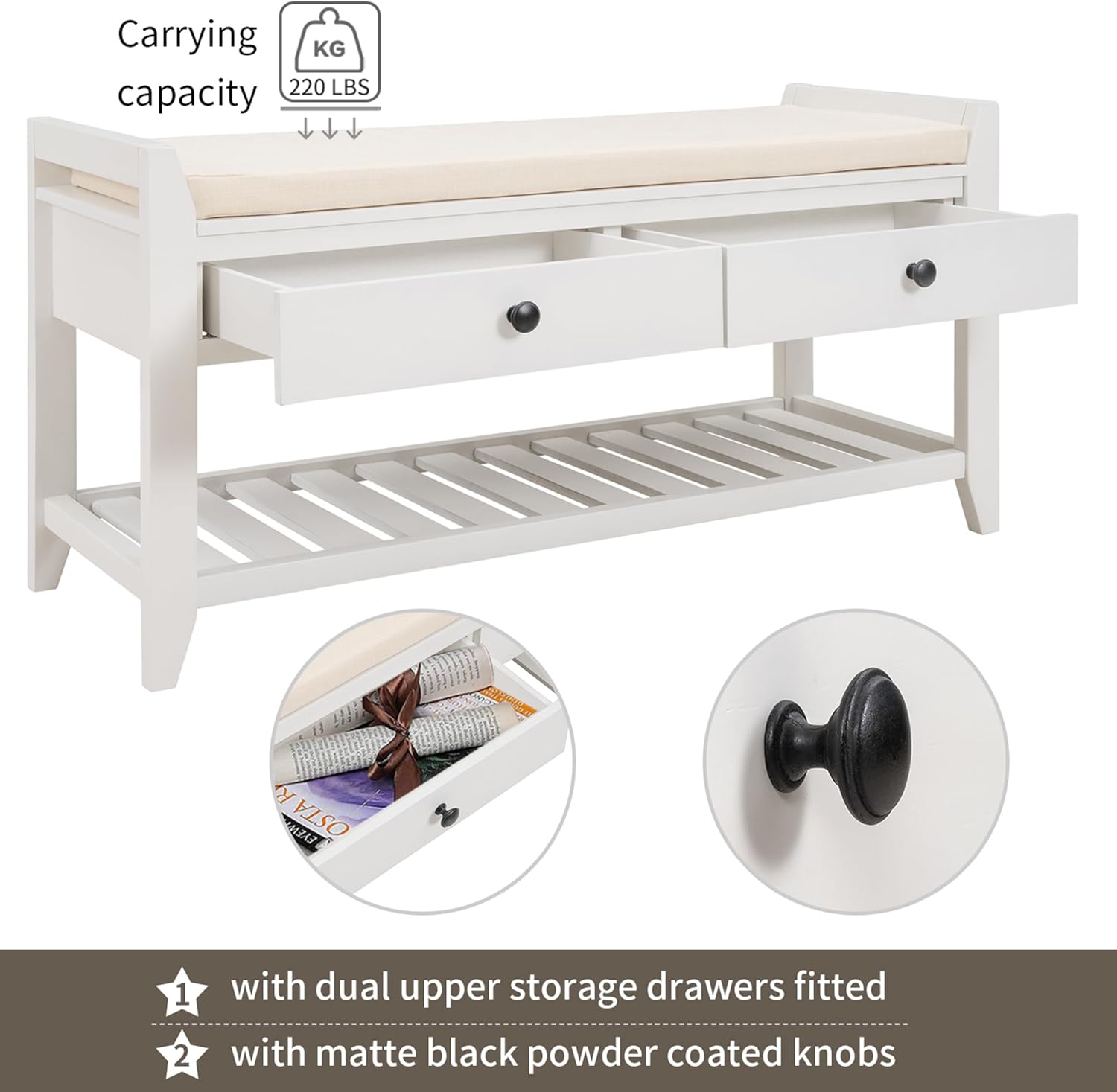 P PURLOVE Storage Bench Multipurpose Entryway Bench Shoe Rack with Cushioned Seat, Drawers and Shelf for Entryway Living Room, White