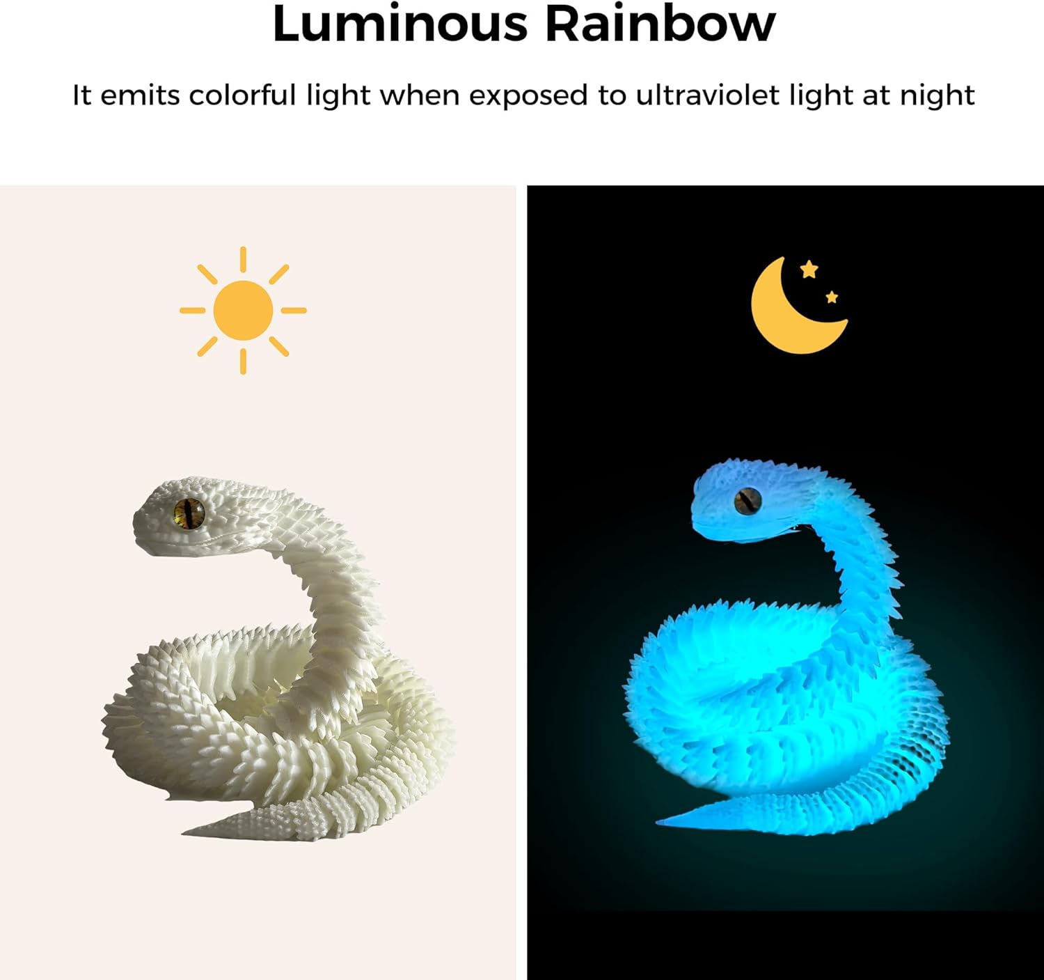 3D Printed Snake Toys 24Inch, Flexible 3D Printed Animals, Fidget Desk Pet for Anxiety Relief, Home Decor Gift for Kids & Adults, Easter Christmas Halloween Birthday (Luminous Blue)