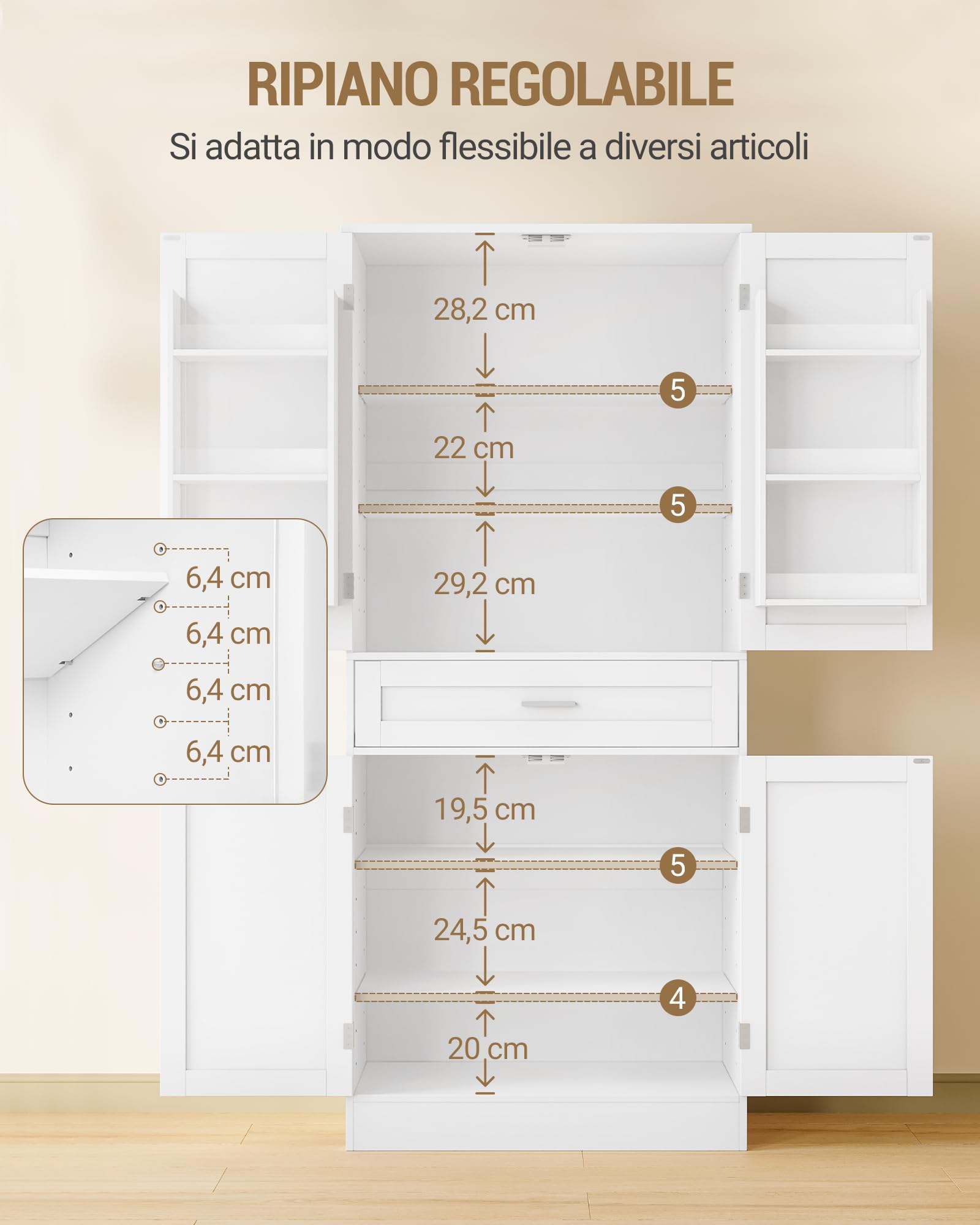 Hzuaneri Credenza Cucina, Mobile Alto da Cucina, 4 Ante, 1 Ampio Cassetto Grande, Scaffale Portaoggetti Dietro la Porta, 40 x 80 x 180 cm, Moderno, Cucinas, Soggiorno, Bianco PT21003X