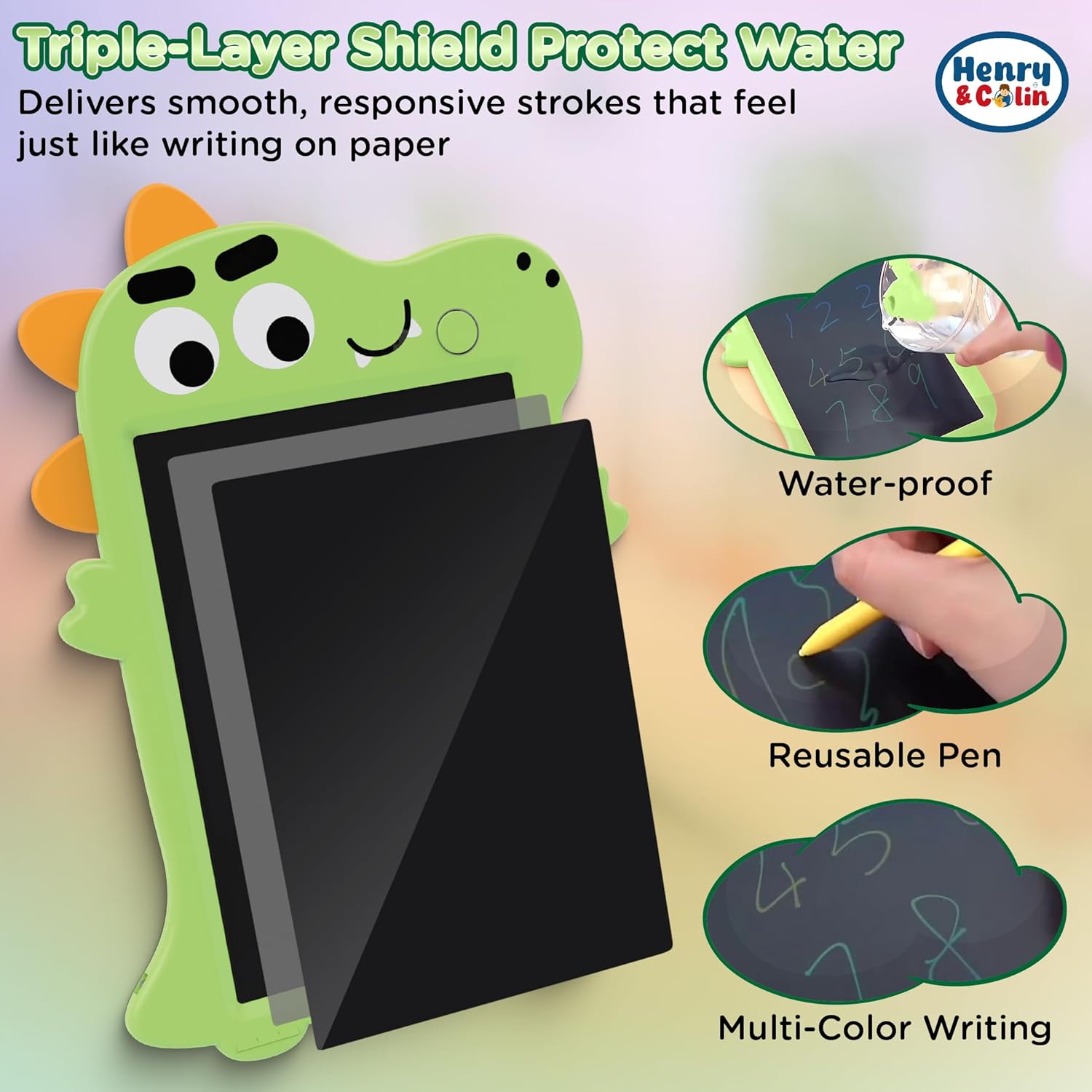 Henry & Colin Dinosaur-Themed LCD Writing Tablet for Kids – Reusable, Travel-Friendly Drawing Pad for Boys & Girls Ages 3 & Up. Perfect for Creativity, Fun, Learning, and Education (Green)