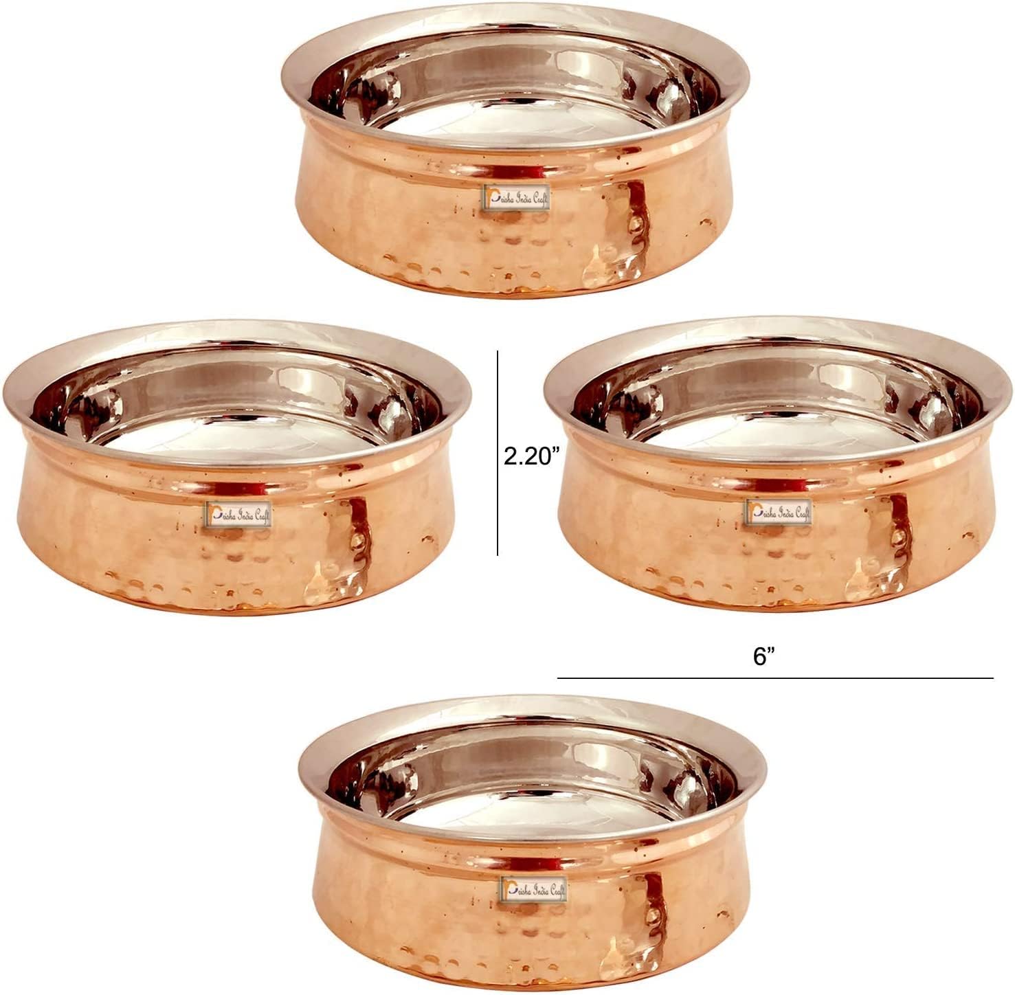 Prisha India Craft Stainless Steel Copper Handi Bowl for Serving Dishes, Serveware & Tableware | Capacity 500 ML, 2 No | Set of 4