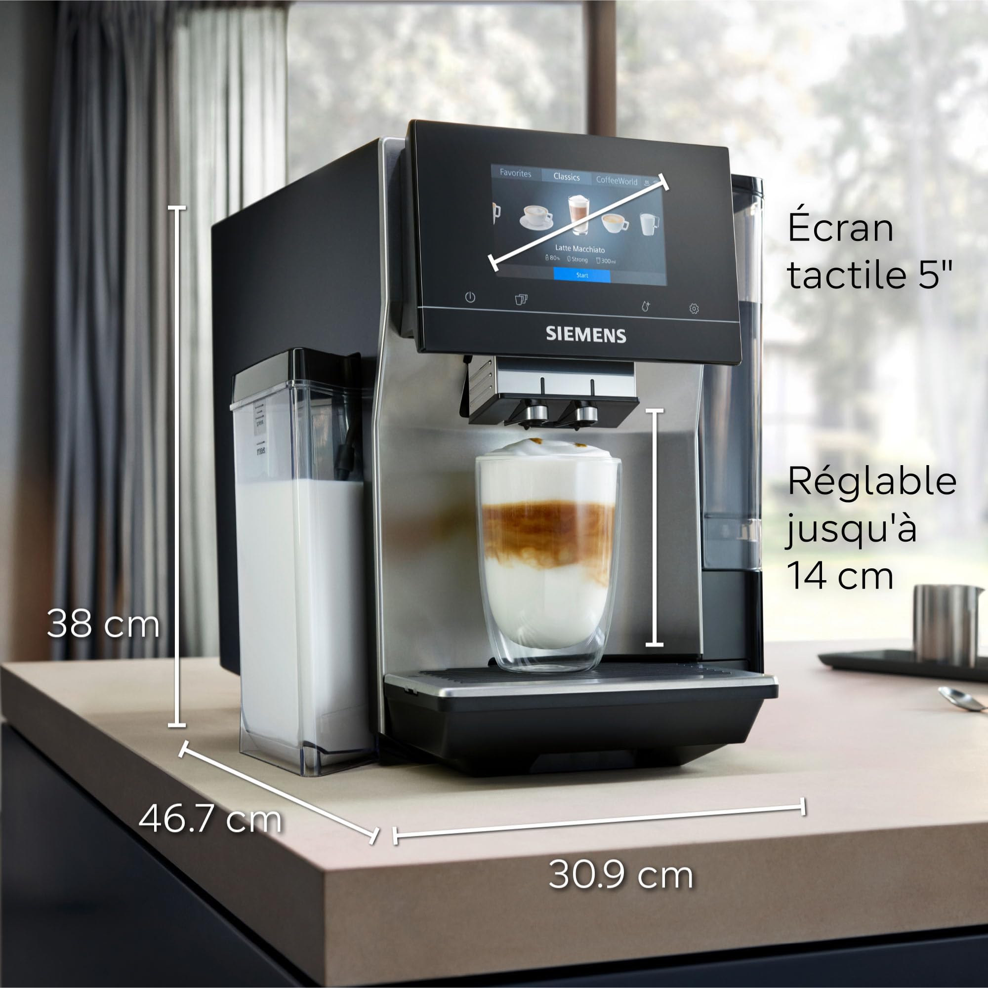 SIEMENS, machine à café à grain automatique, EQ700, écran iSelect, coffeeWorld, Cold Brew, Slow Brew, bac à lait, adaptateur briques de lait, Home Connect, acier inoxydable, blanc, TQ715R03 integral