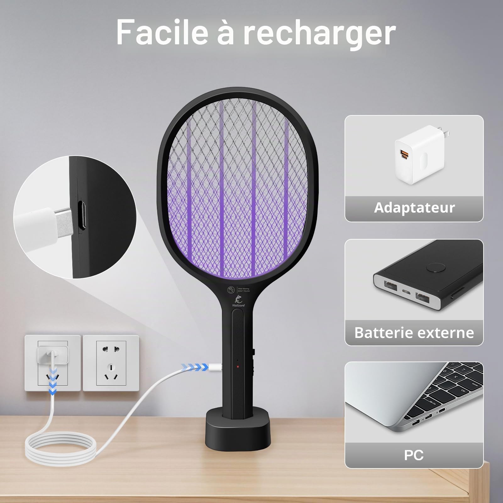 Raquette Electrique Insectes 2-in-1 Anti Moustique Tapette à Mouche 3000V USB Rechargeable