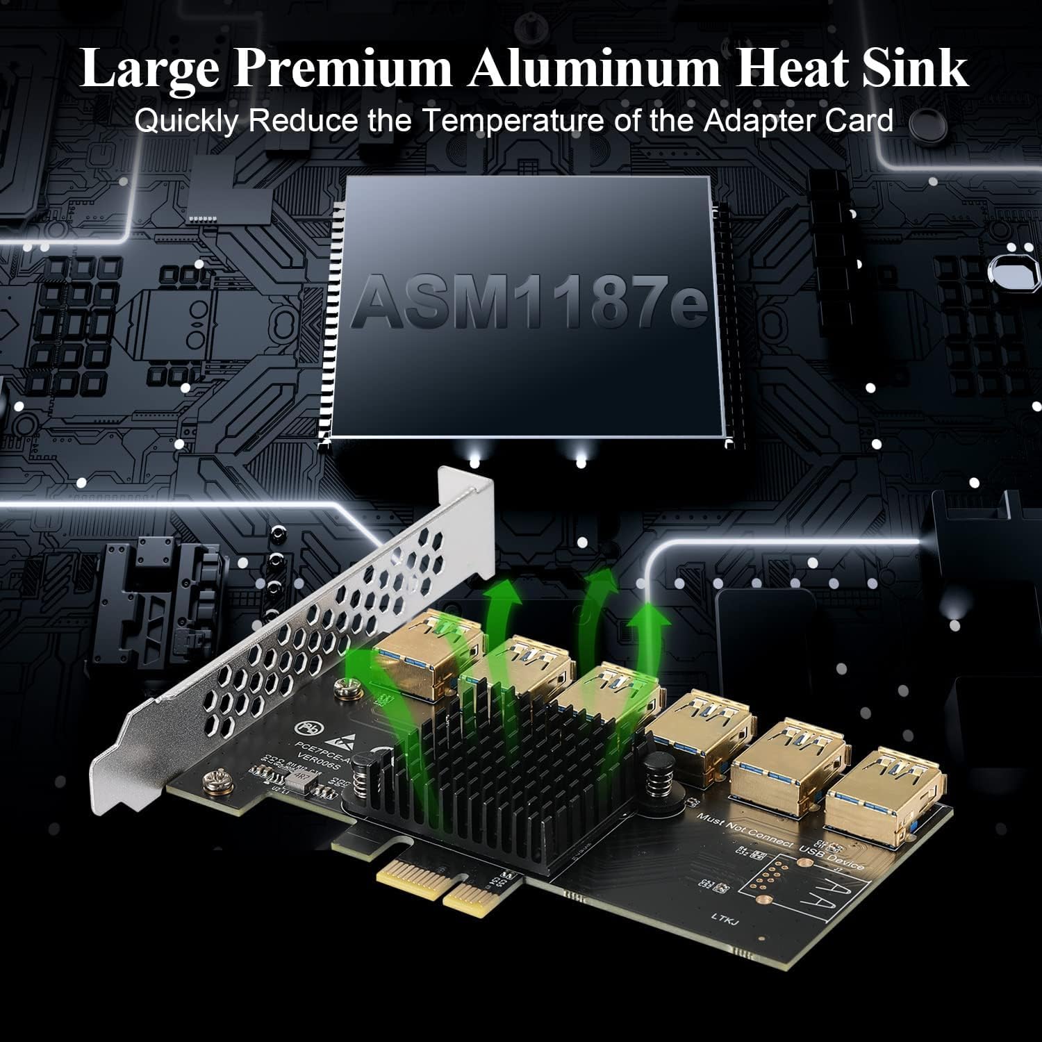 PCIe 1 to 6 PCI Express 16X Riser Card, PCI-E 1X to External 6 USB 3.0 Converter Adapter w/Large Heatsink, PCIE Splitter Multiplier Extender Board for GPU Ethereum Bitcoin Crypto Mining Rig