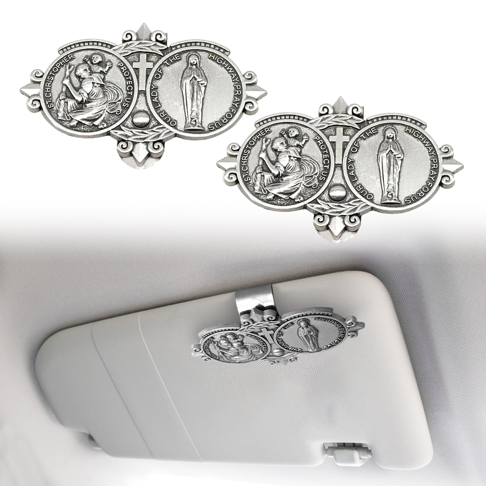 St Christopher Medal, Auto Visor Accessories, Our Lady Bless Driving Safety Religious Gift for Driver, Parent, Family, Friend (2 Pieces)
