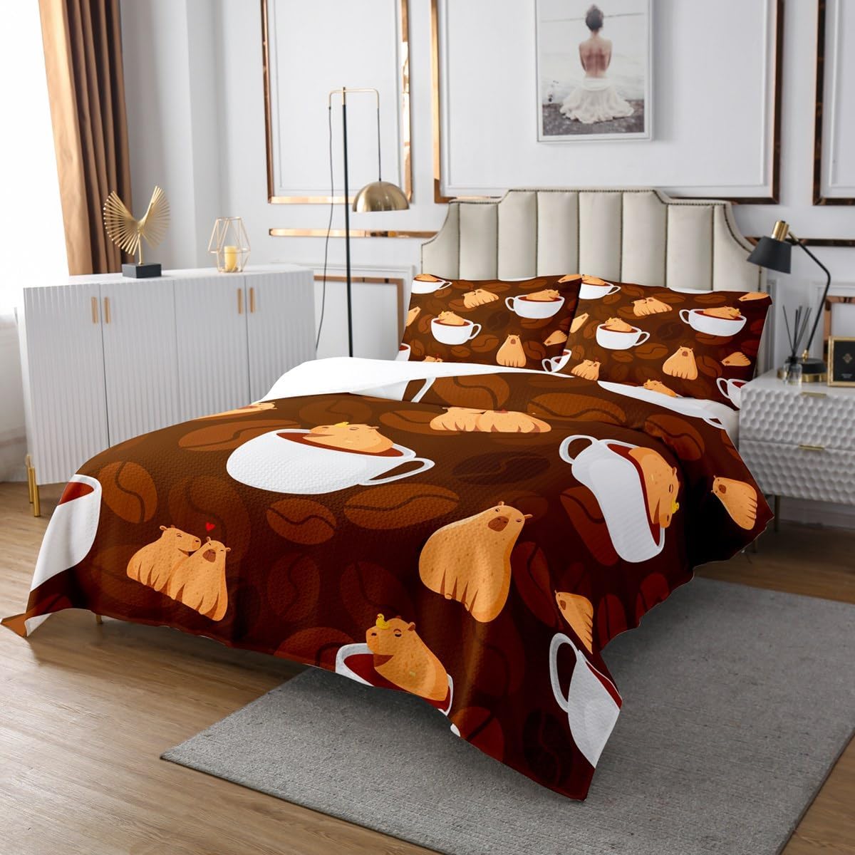 Erosebridal Mushroom Quilt Set King, Butterfly Bedspread Set, Sun Moon Mooth Coverlet Set, Gothic Floral Abstract Leaves Yellow Orange Ombre Bedroom Decor Bed Set for Kids Adults