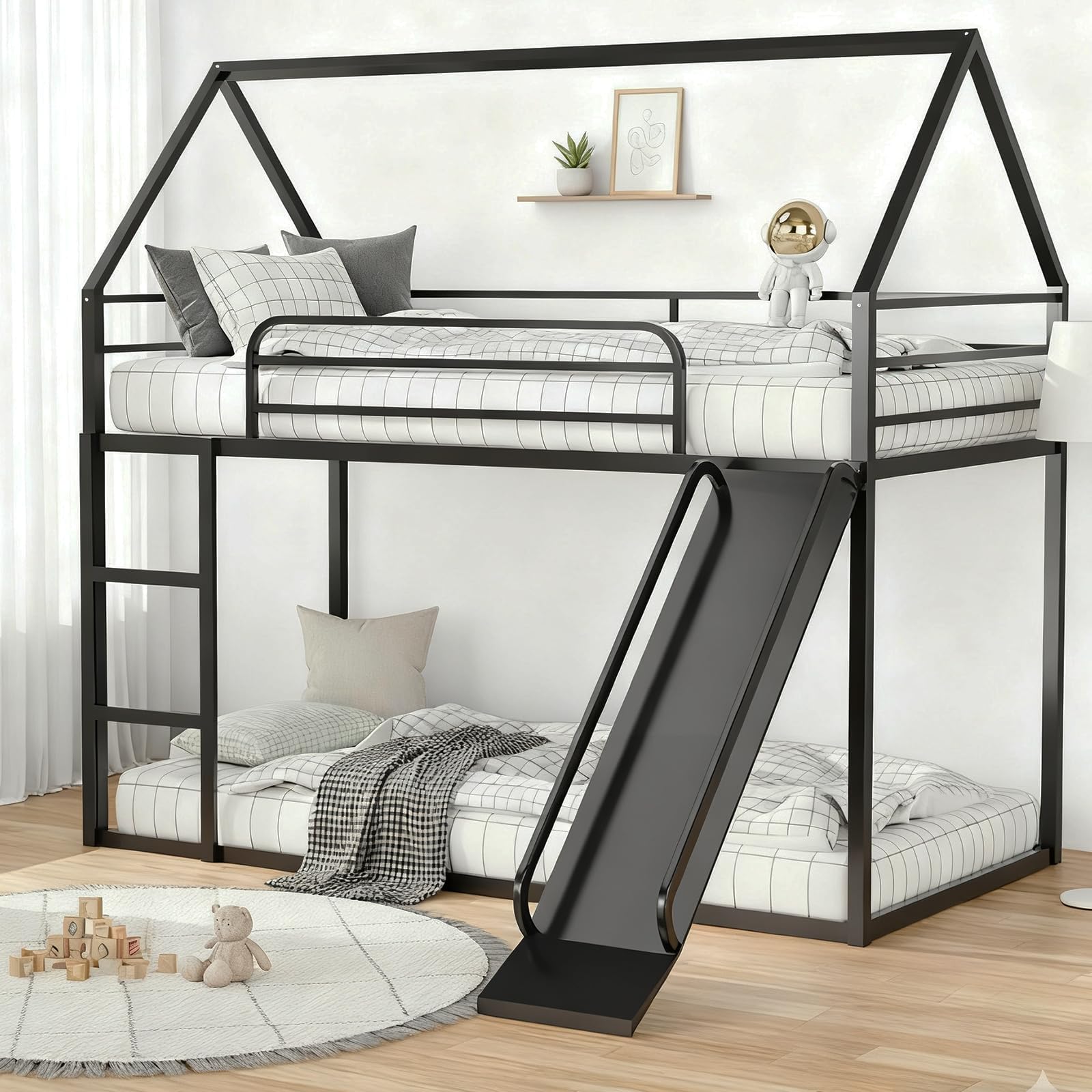 HiDSLiving Twin Over Twin Bunk Bed with Slide, Junior House Low Bunk Bed Metal Bunkbeds with Ladder and Full-Length Guardrail for Girl, Boy, Floor