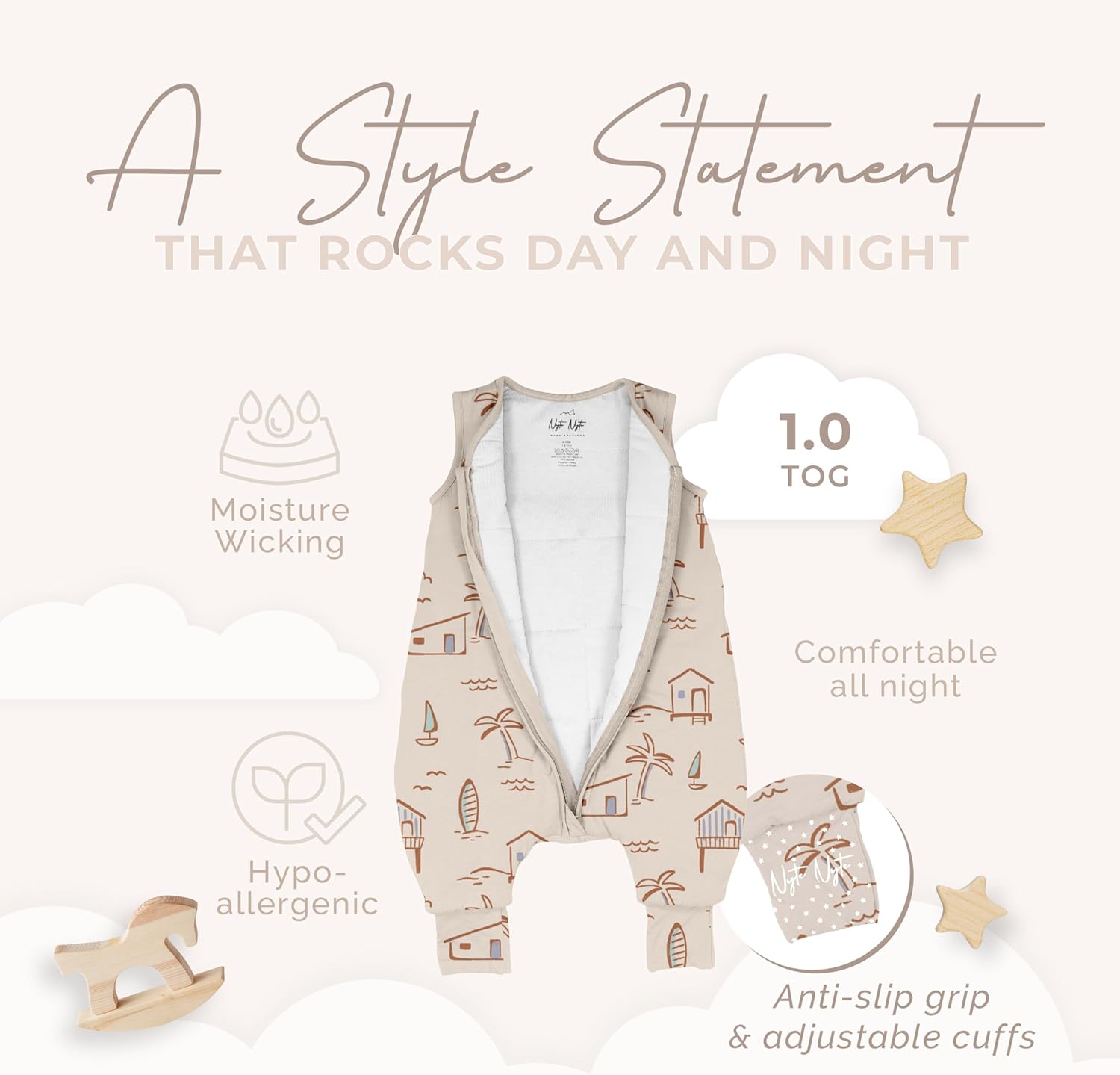 Nyte Nyte Baby - 1.0 TOG Malibu Sand, 3-4T, Sleeveless Sleep Sack, Soft Baby & Toddler Sleeping Sack, Breathable Sleep Sack with Adjustable Feet Cuffs & Anti-Slip Grip