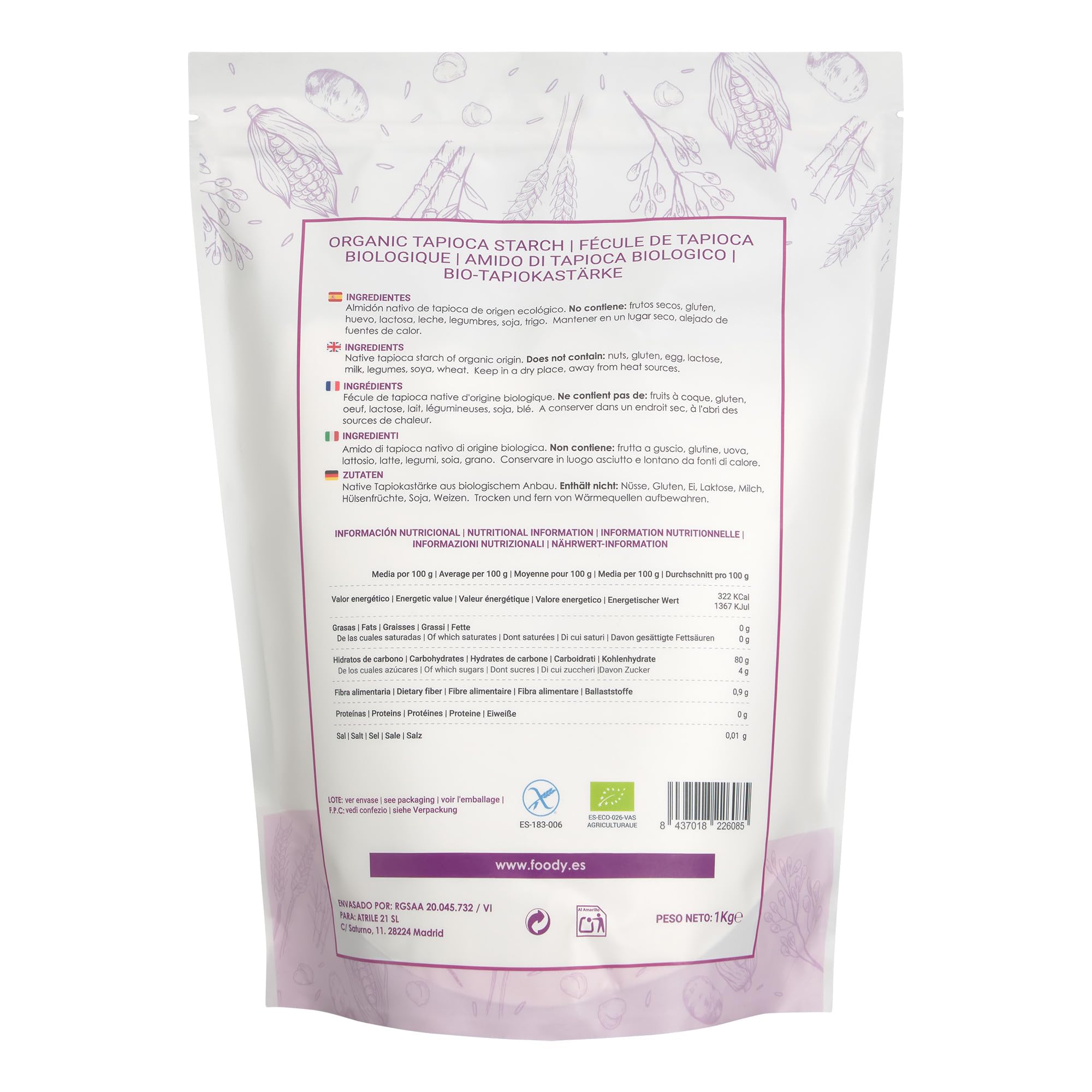 Almidón de yuca, tapioca, ecológica, BIO, sin gluten y vegana - Fécula de mandioca (1 kg)