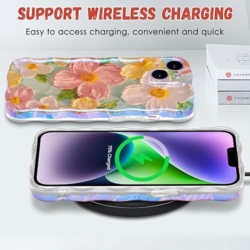 Miniatura 5 de QLTYPRI Funda para iPhone 13, colorido láser retro pintura al óleo patrón de flores, lindo marco de onda rizada, exquisita funda para teléfono para
