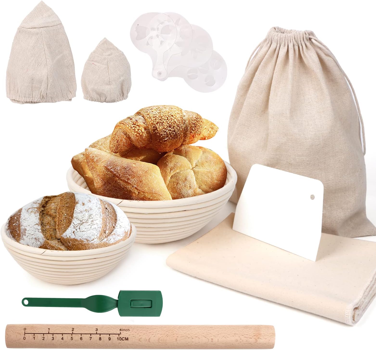 Round Bread Proofing Basket 9 and 6.5 inch Banneton Proving Basket Rattan Sourdough Proving Basket for Professional Home Bakers (with Cloth Liner, Dough Scraper, Bread Lame, Rolling Pin)