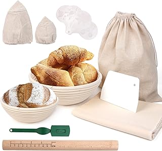 LAMPTOP banneton zestaw koszów do pieczenia chleba – 23 cm i 15 cm – z tkaniną zabezpieczającą, torbą na chleb, lame, wałkiem do ciasta, skrobaczką, 16 szablonów dekoracyjnych do pieczenia rzemieślnika zakwasu