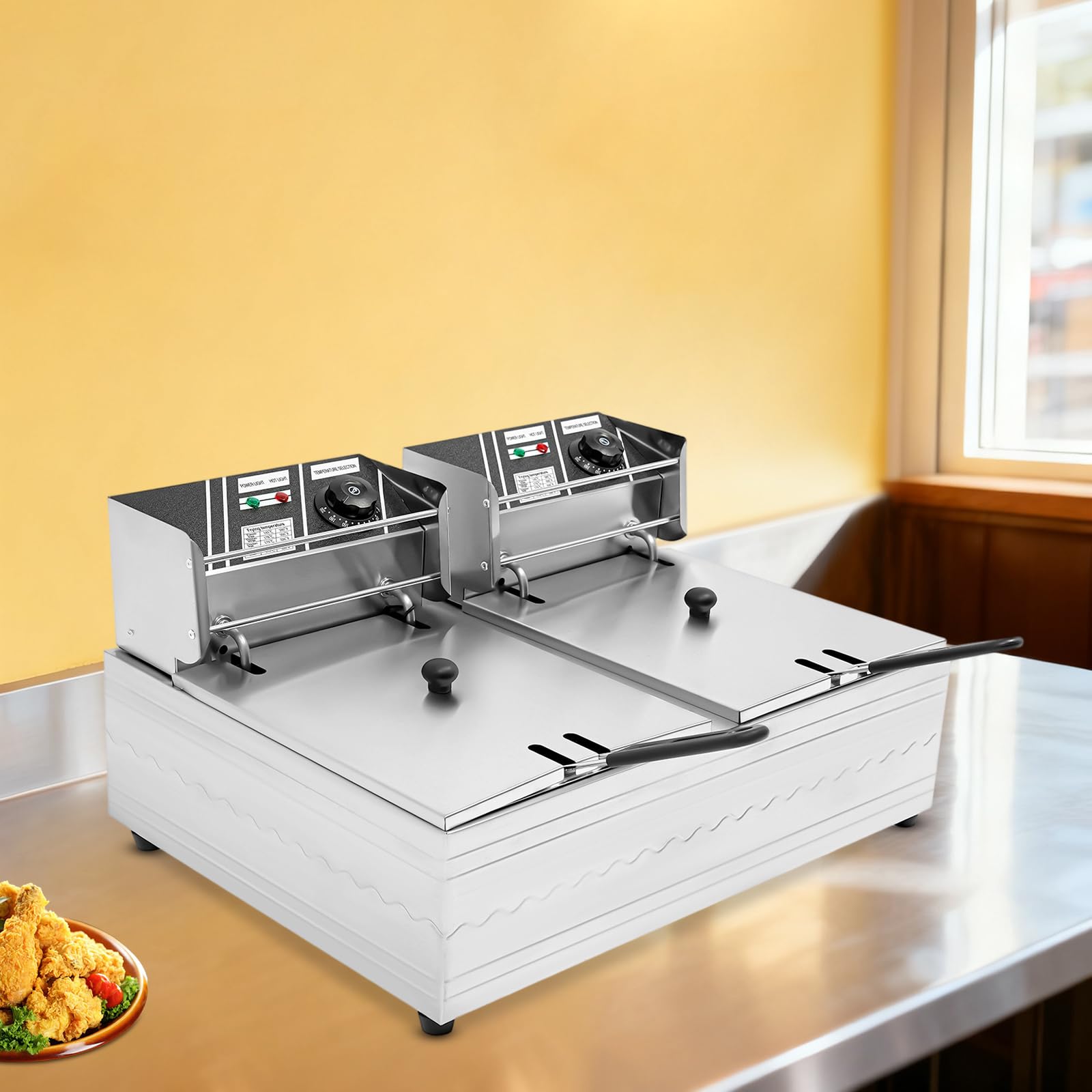 Freidora doble, freidora eléctrica de 12L, acero inoxidable Gastro doble Freidora (6 L+6L) Freír eléctrico comercial Alitas de pollo, patatas fritas, trozos de pescado, 60-200 ℃