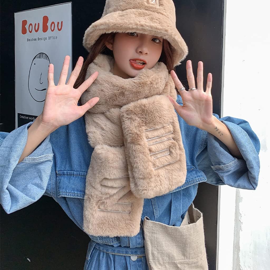 Scarf,Beanie Gloves Scarf Set Cute Bucket Hats For Teens Girls Fuzzy Bucket Hat Fisherman Hat Lady Winter Warm Scarf(Khaki)