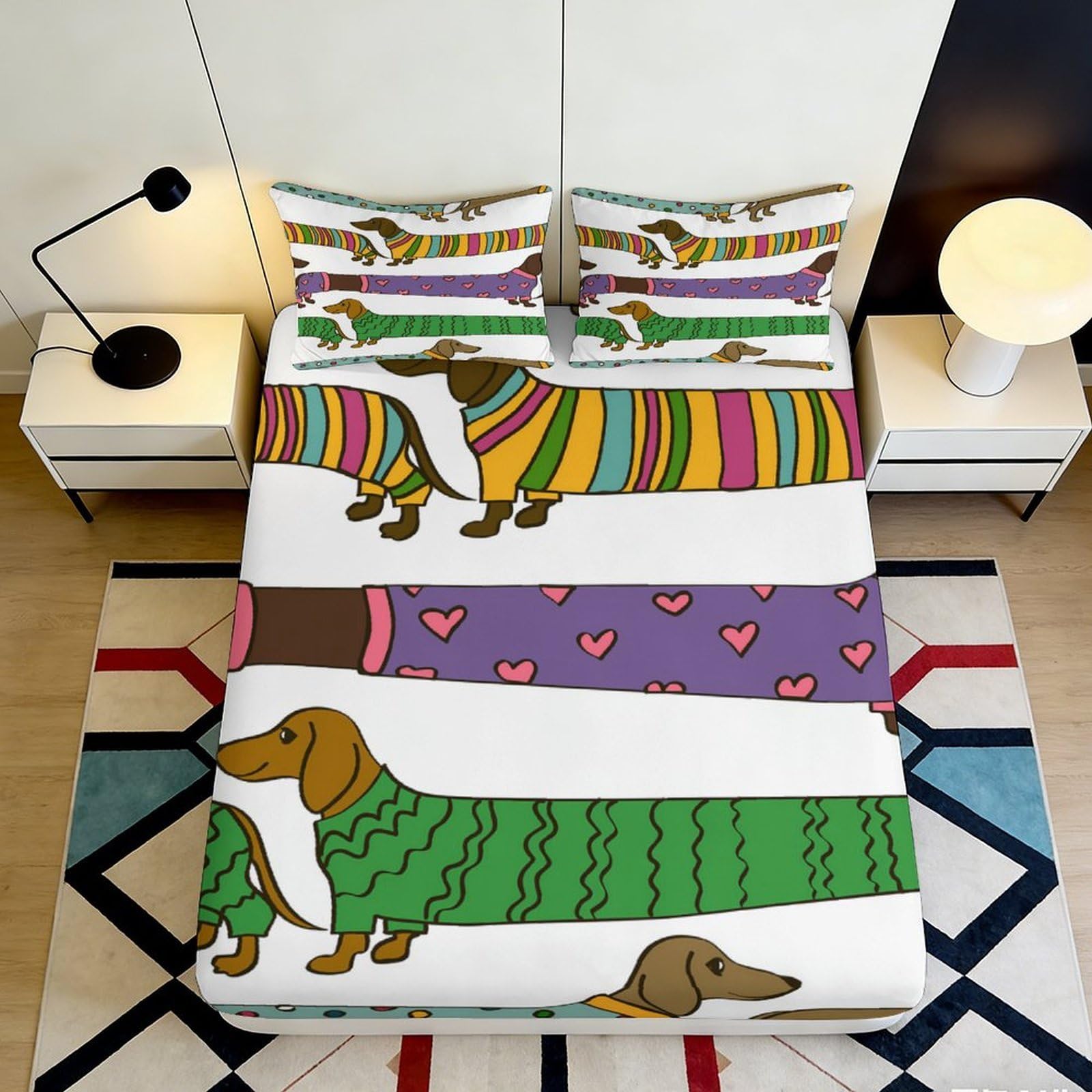 Uxinyoume Style-2 3D Printed Colorful Dachshund Fitted Sheet Microfiber Soft Bedroom Decor Dog Pattern Mattress Cover For Home Dorm Use 90X200x25cm