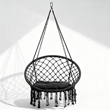 Black Hammock Chair Swing, Cotton Rope Handwoven Hanging Chair 330 Pounds Capacity, Macrame Tassels Hammock Swing for C-Hammock Stand, Yard, Garden, Balcony