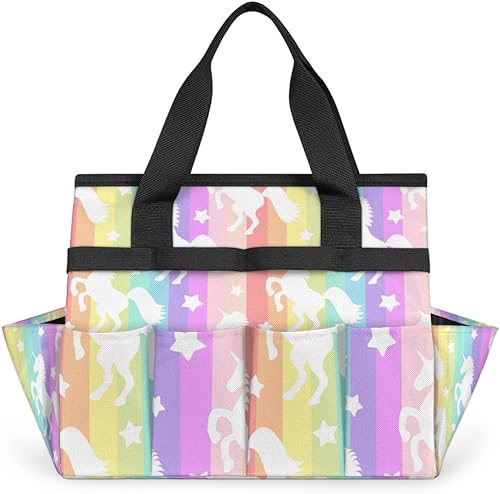 White Horse Stripes Garden Tool Tote Bag for Women Men Gardening Tool Storage Bags with 10 Pockets Standable Garden Home Tool Kits Organizer for