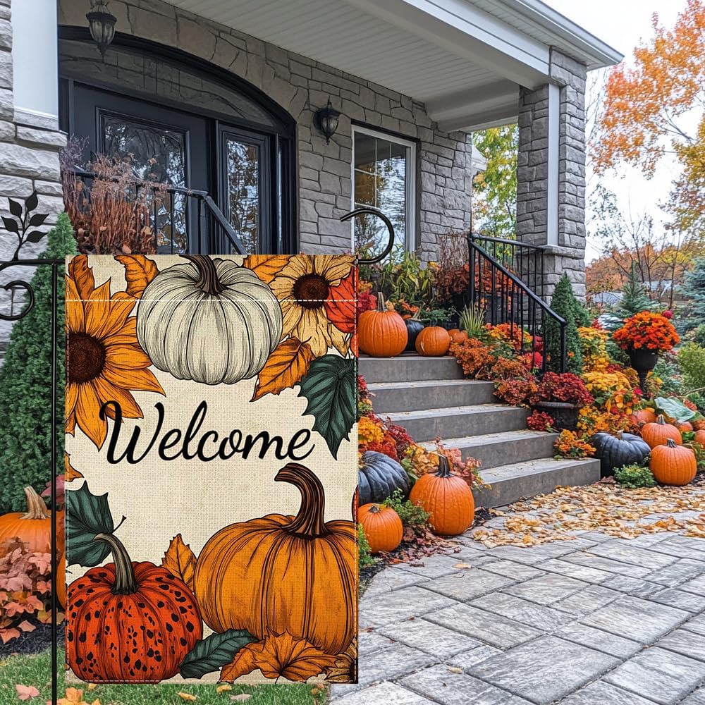 Fall Pumpkin Welcome Garden Flag for Outside 12x18 Inch Double Sided Burlap Autumn Thanksgiving Leaves Sunflower Flowers Farmhouse Holiday Rustic Outdoor Yard Flag Home Decorations - Image 9