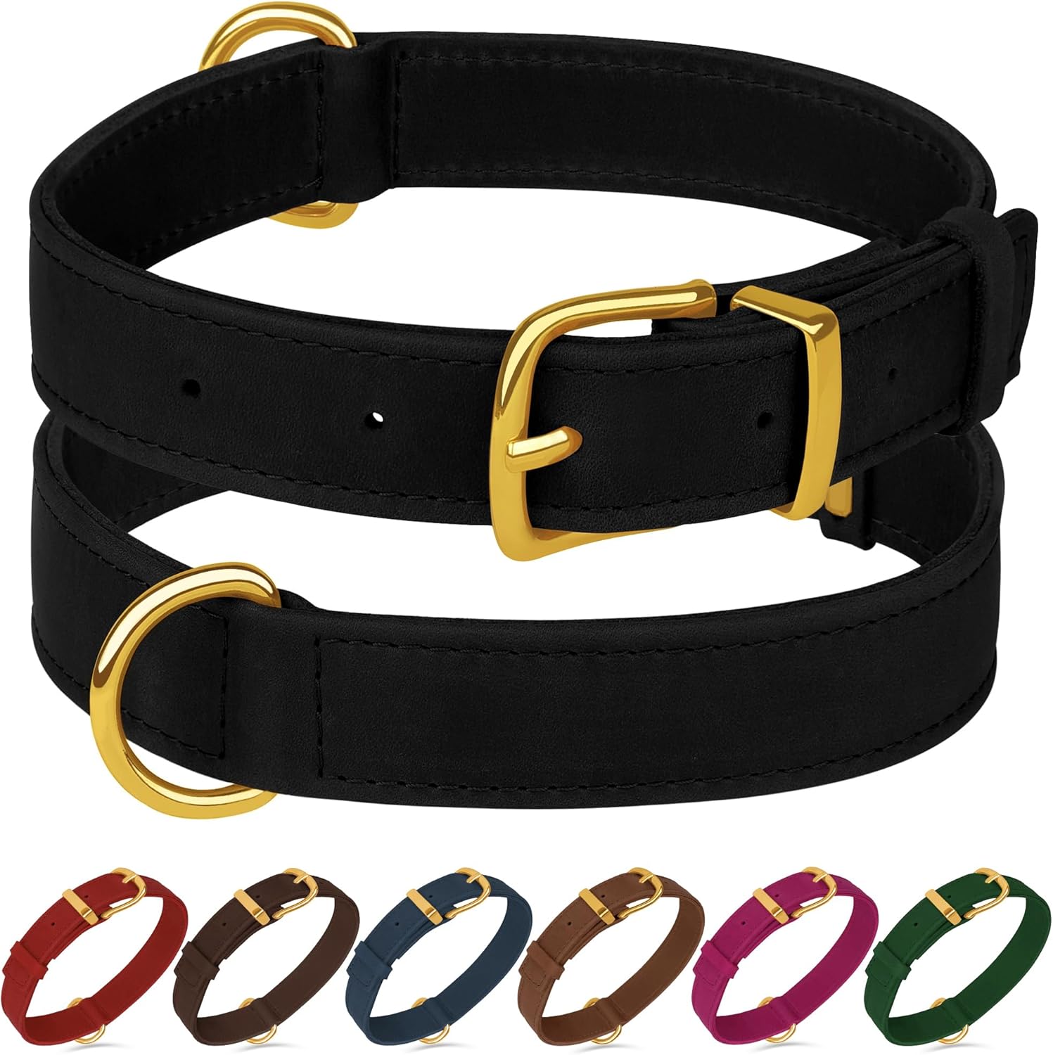 Leather Dog Collar - Heavy Duty Adjustable Soft Padded Pet Collars for Small Medium Large Dogs Breed - Black Green Brown Pink Red Blue (Black, XL, 19"-24" Neck Fit)
