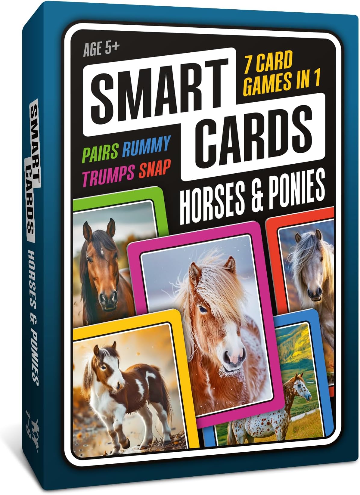 – SMART CARDS Horse & Pony Card Game. 7 games; snap, pairs, trumps, rummy, horses & ponies trivia quiz. Top travel games, gift, stocking filler. Age 5+, 1-8 players