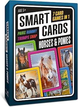 Smart Cards Horse & Pony Card Game. 7 games; snap, pairs, trumps, rummy, horses & ponies trivia quiz. Top travel games, gift, stocking filler. Age 5+, 1-8 players