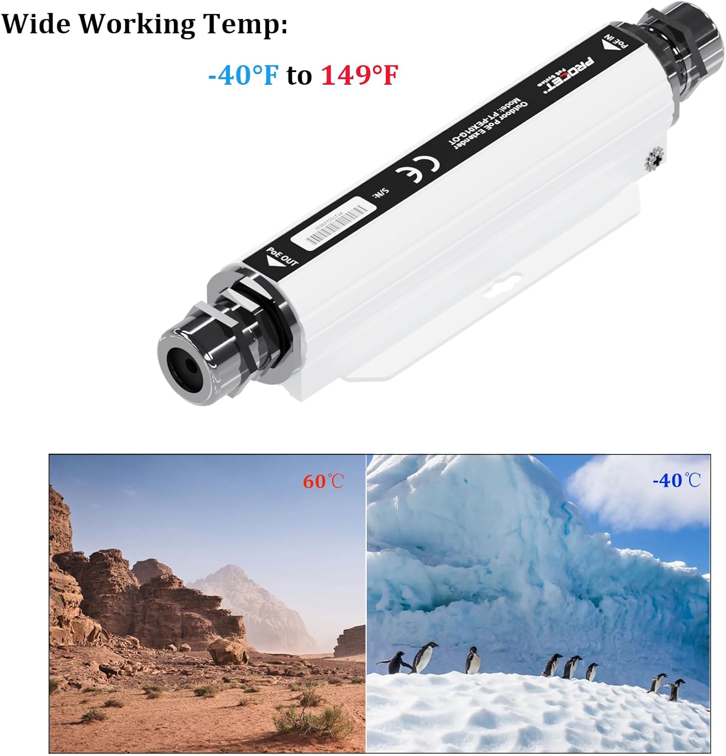 PROCET Gigabit PoE Extender showing wide temperature range