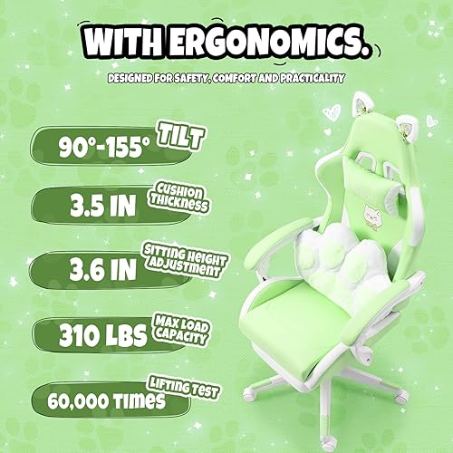 Miniatura 5 de Linda silla de juegos de gato con cojín lumbar de patas, silla de videojuegos de PC para niñas, adolescentes y mujeres (verde)