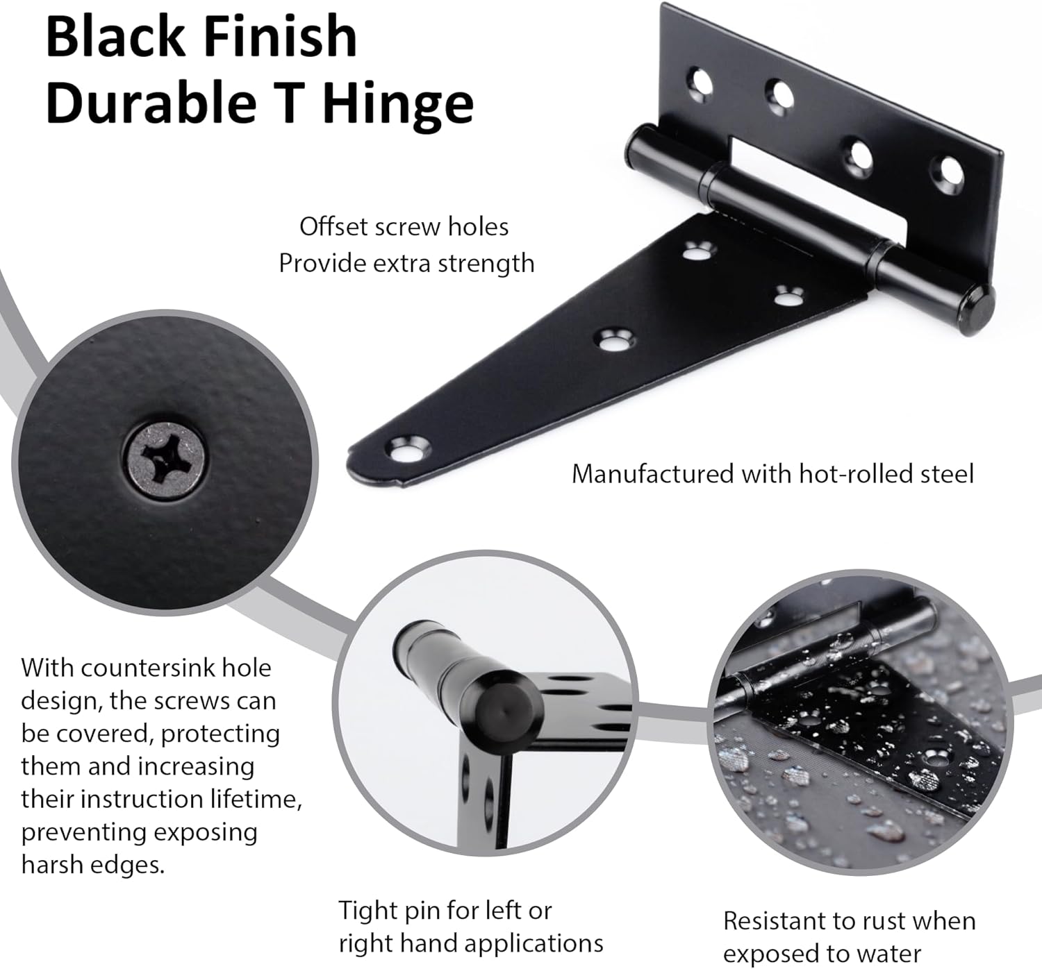 6 Pack 6 Inch T-Strap Shed Door Hinges Heavy Duty, Barn Door Gate Hinges with Screws, Tee Hinges for Wooden Fences, Yard, Patio Door, Black Wrought Hardware Iron Rustproof