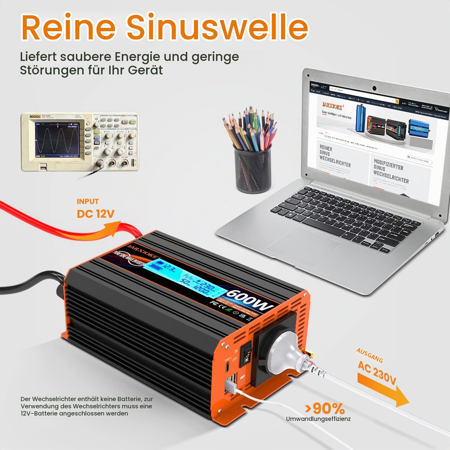 600W/1200W Wechselrichter 12v auf 230v Reiner Sinus Spannungswandler Power Inverter Umwandler Stromwandler mit EU-Steckdose LCD Digital Anzeig Konverter
