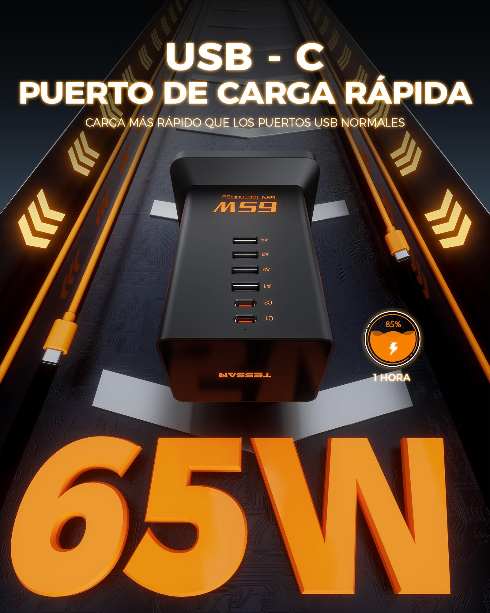 TESSAN Cargador USB C, PD 65W GAN Cargador, USB Estacion de Carga con 6 Puertos y 2 Enchufes, Estación de Carga con Cable de 2M para teléfono y Pad, Portátil Adaptador para Oficina