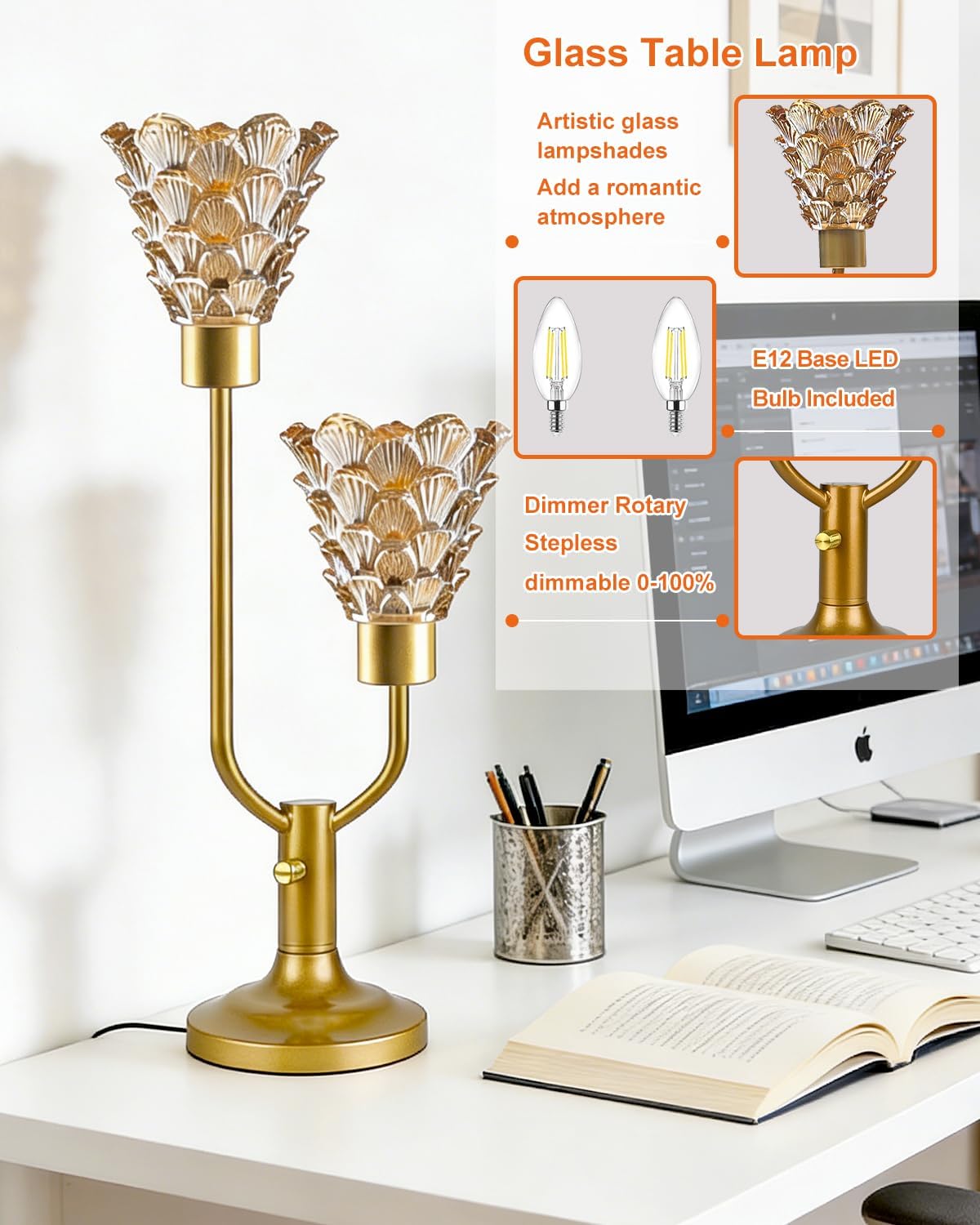 Lightdot Mid Century Modern Glass Table Lamp Dimmable Gold Flower Desk Lamp with Thickened Amber Glass Shades 2 Bulbs Included 3000K Warmwhite Ambience Nightstand Lamp for Bedroom Bedside Living Room