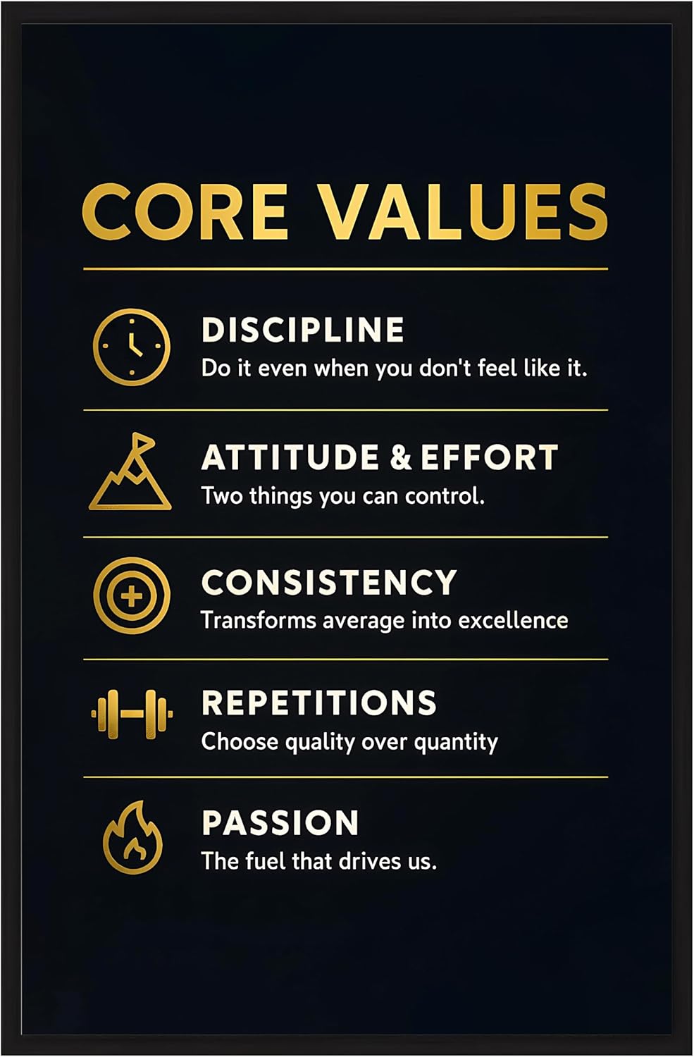 Core Values Motivational Wall Art – Framed Black & Gold Inspirational Poster for Office, Gym & Workspace – 11×17 Black Frame