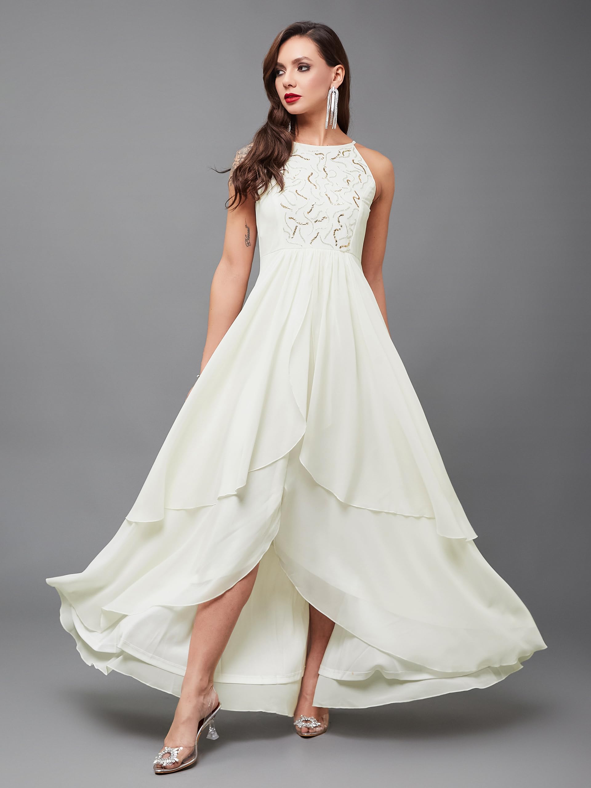 Miss Chase Women's Round Neck Sleeveless Solid Embellished Maxi Dress With Pockets (Mcss24D97-19-114-02, Off White, Xs)