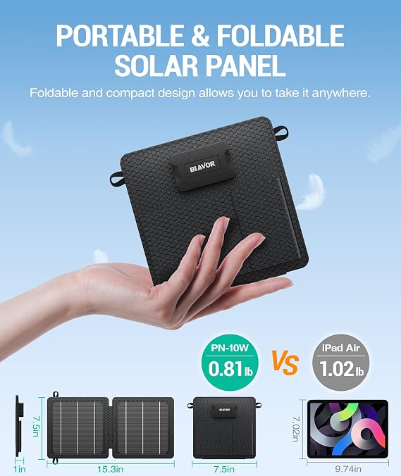 BLAVOR 10W Portable Solar Charger (5V/2A Max), Small Foldable Solar Panel