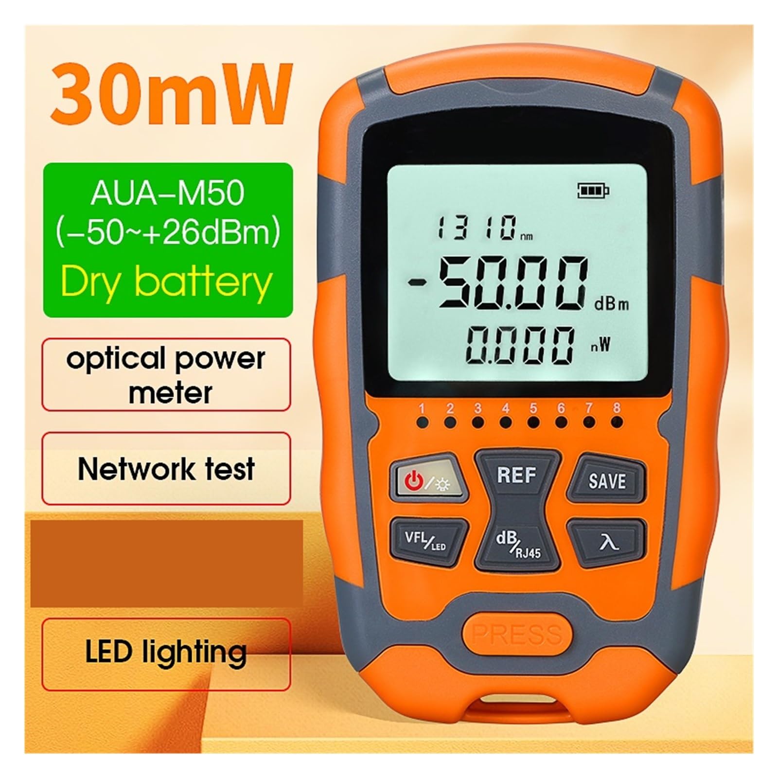 Fibra Optica Plastica AUA-M70/50 4 En 1 Mini Medidor De Potencia Óptica Localizador Visual Fallos Prueba Cable Red Probador Fibra 10mw 30mw(AUA-M50 30KM)