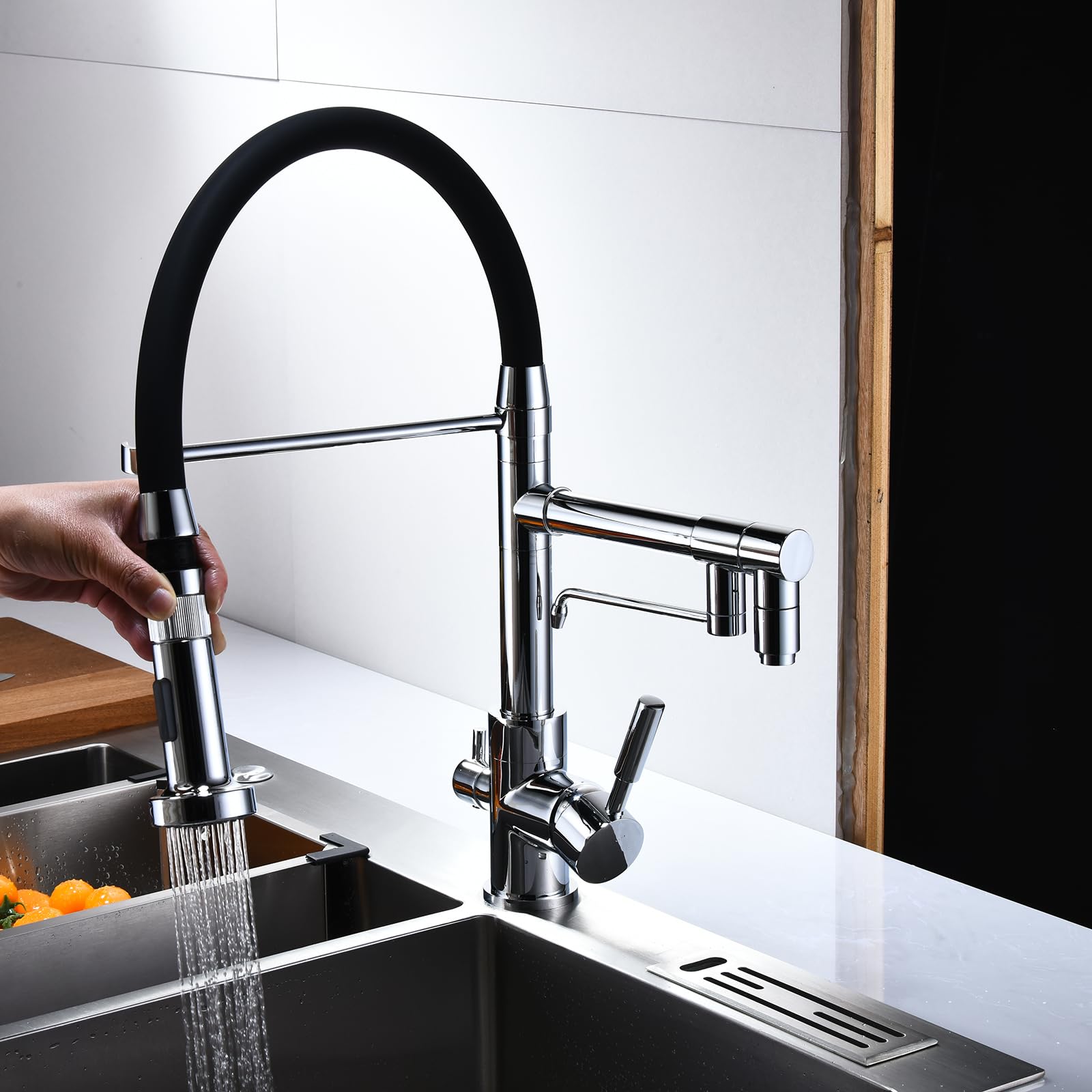 Grifo Cocina 3 Vias Osmosis Extraible Latón-Cromado + Tubo Negro
