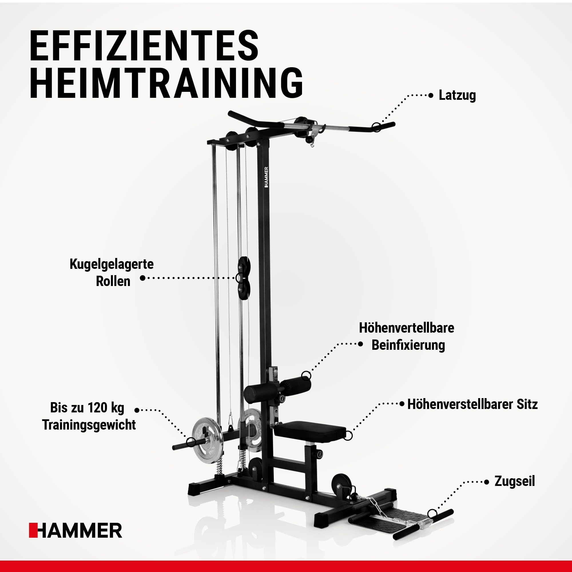 HAMMER Finnlo Latzug-Station Multi-Lat-Tower - Übungen für Rücken Arme Schultern Bauch, 120 kg belastbare Gewichtsauflage, Kraftstation 141x120x210cm