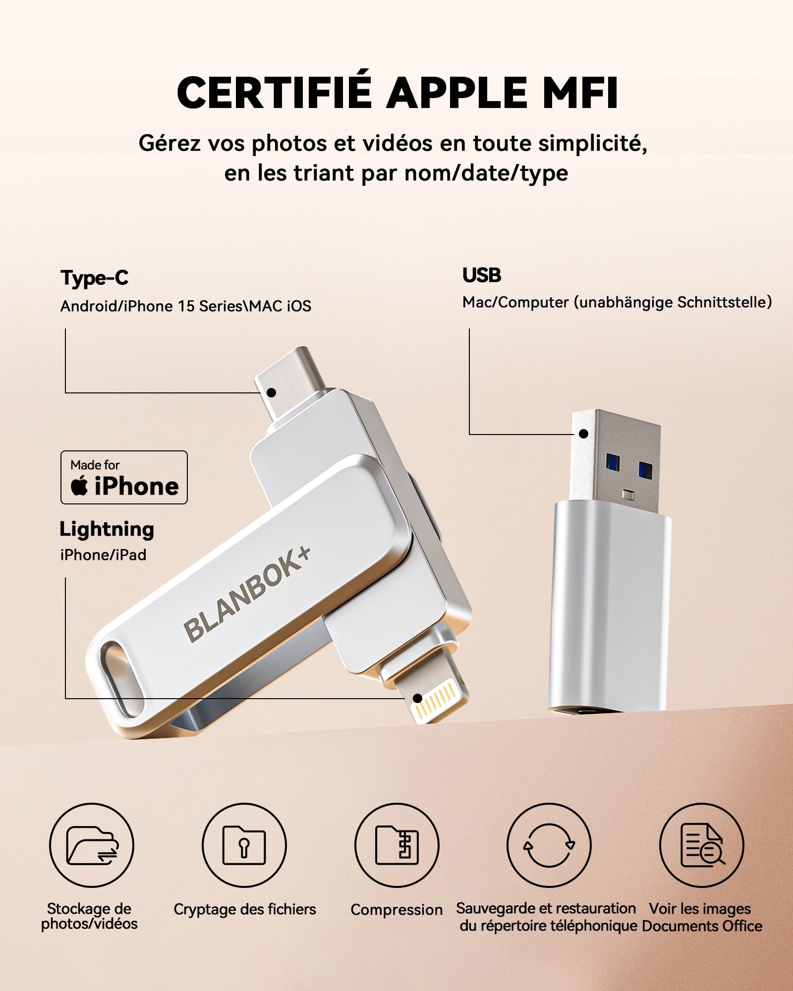 Certifiée MFi Clé USB C 256 Go, USB C Photo Stick, Cle USB iPhone Stockage Externe,Memoire Externe pour iPhone/iPad/Smartphone/PC