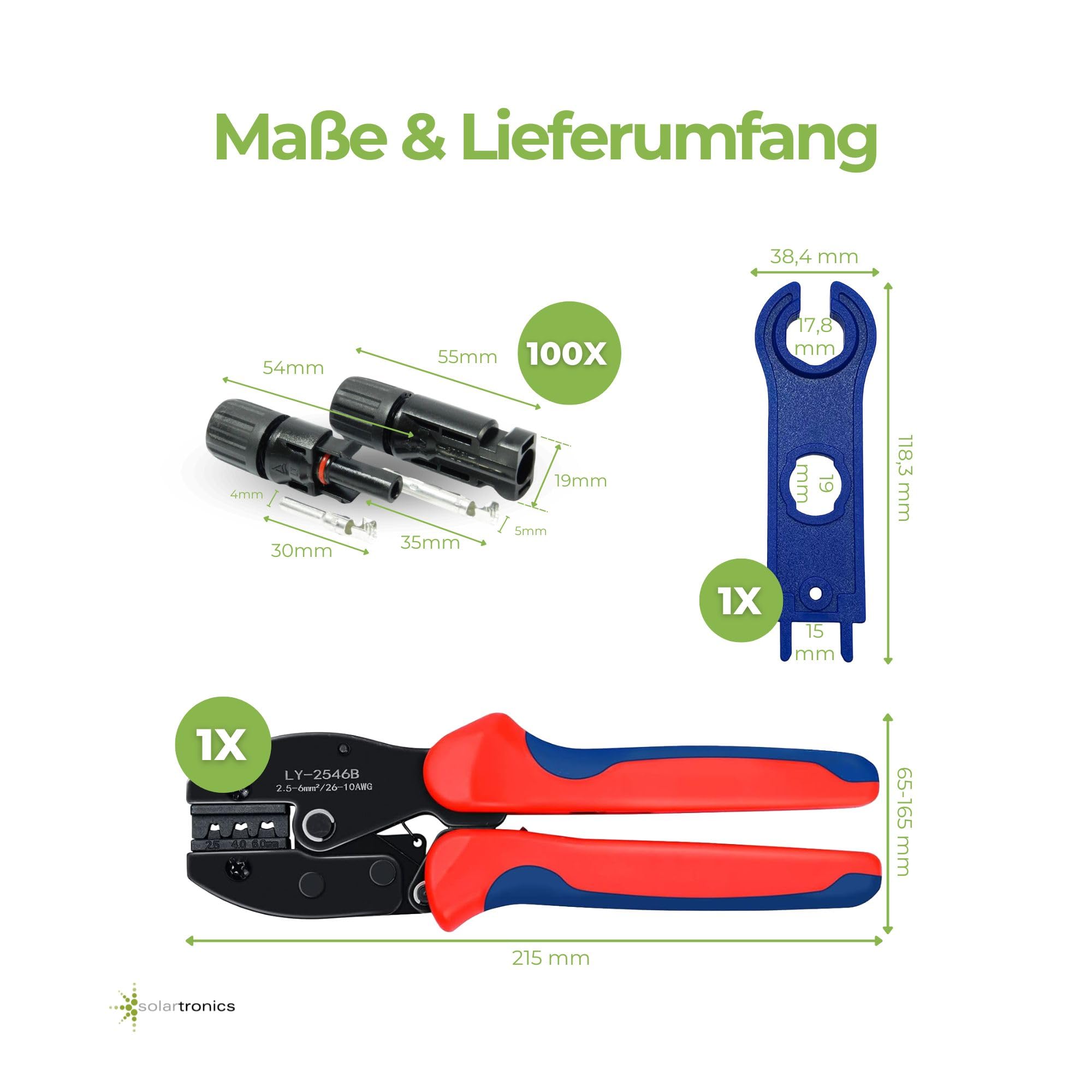 SOLARTRONICS Crimpzangenset für 2,5 4 6mm² Solarkabel, 100 Paar Männlich/Weiblich Solarstecker, Solar-Spannschlüssel & Zange, IP67 Wasserdicht, Crimpwerkzeug für Solaranlage