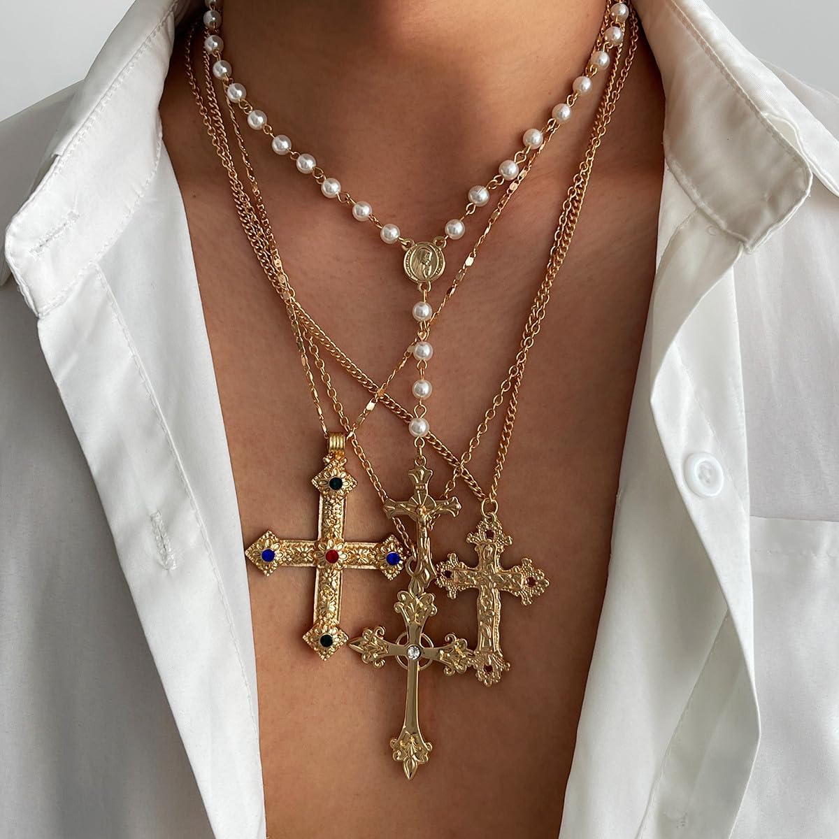 Gold Chunky Cross Necklace for Women Pearl Cross Pendant Necklace Statement Necklaces Vintage Pearl Necklace Jewelry - Image 3