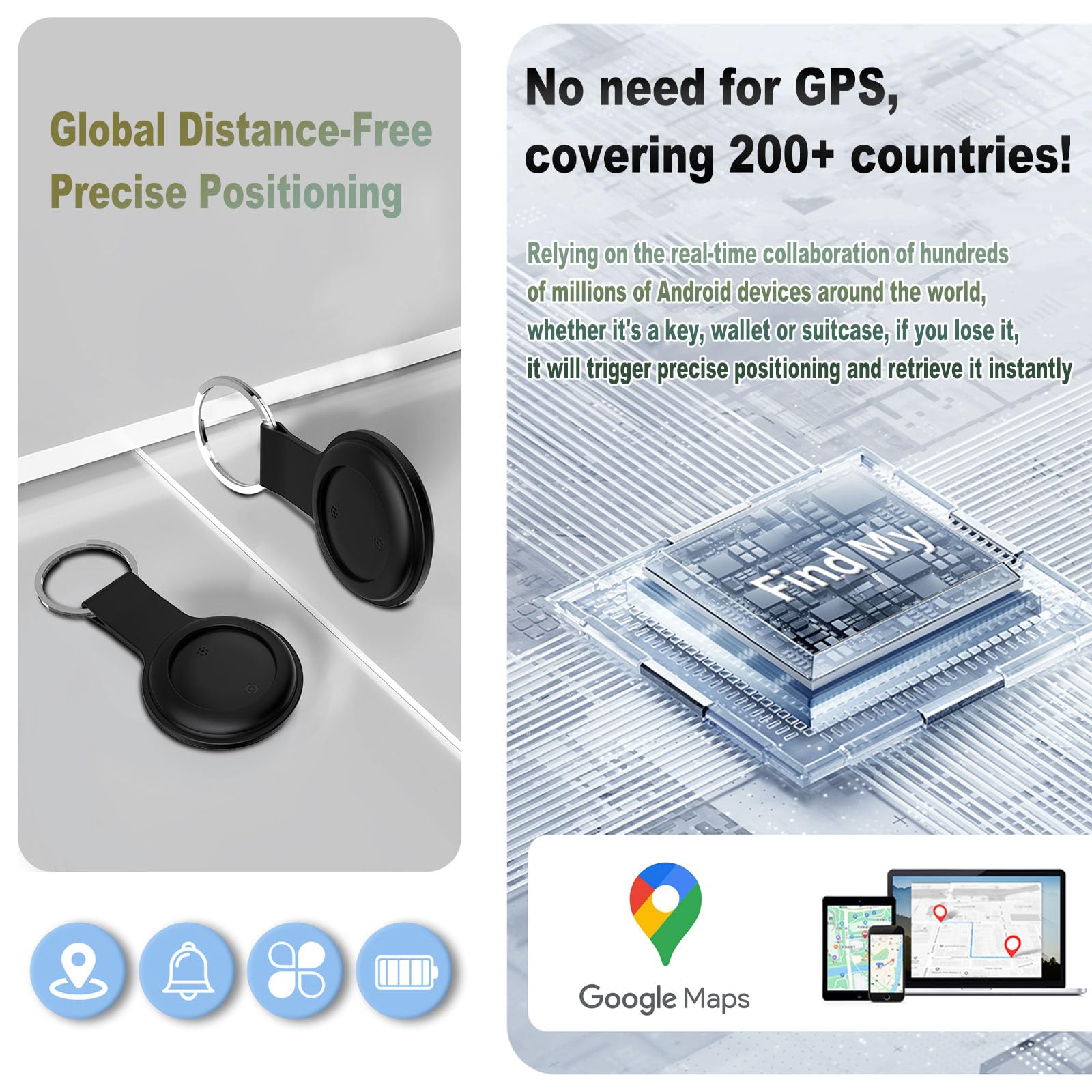 JieWeiXun Localisateur GPS mondial ultra fin pour clés/portefeuille/bagages via Google Find My Network (Noir, 4 pièces)