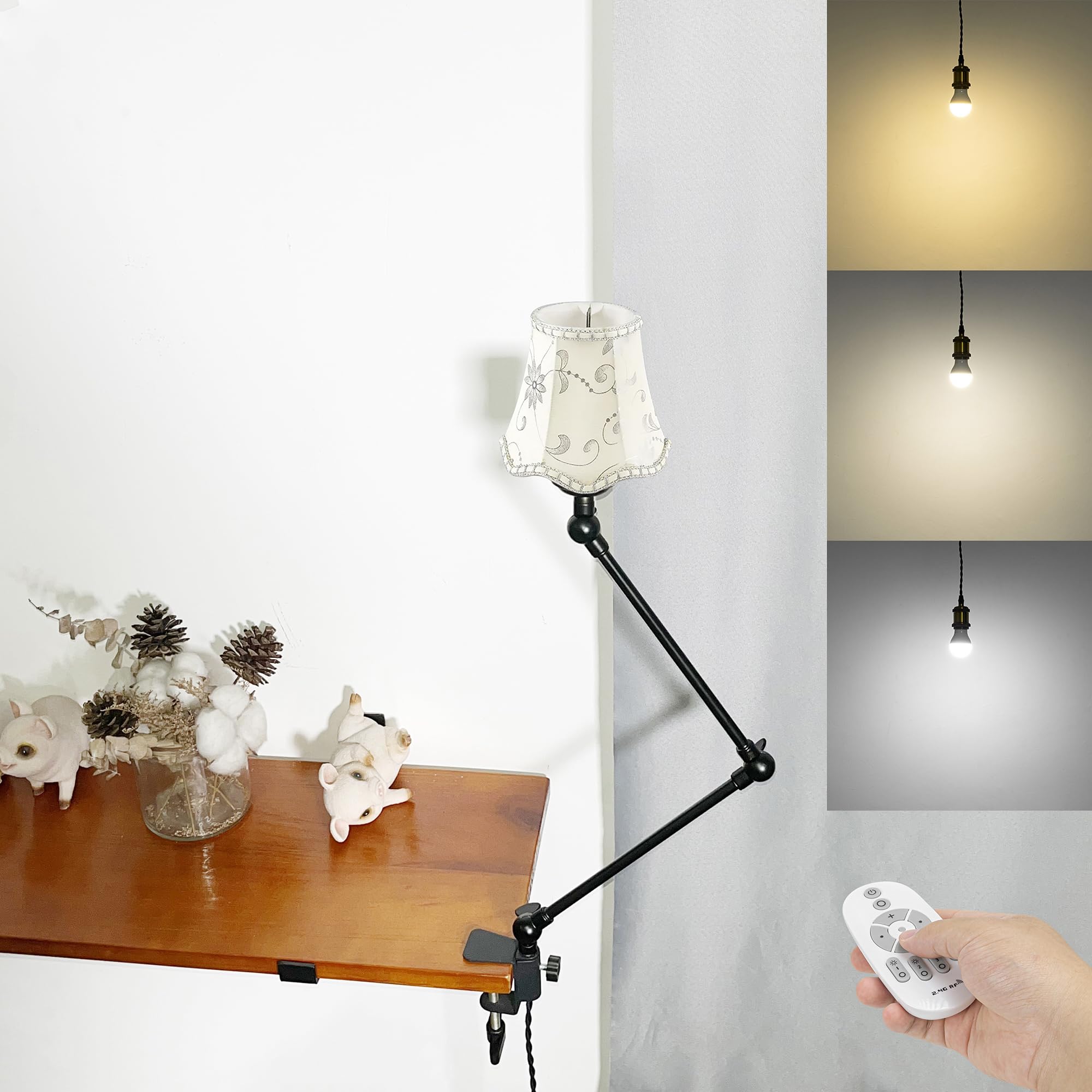 Klemmleuchte mit Fernsteuerung,1 Packung Leselampe mit 2,5 m Kabel, Dimmbar Nachttischlampe,Augenpflege Schreibtischlampe für Büro Heimgebrauch, E27 Lampenhalterung - DZ0332/24