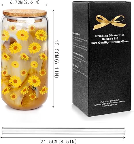 Miniatura 2 de Mason Life Regalos de girasol, regalos de girasol para mujer, tazas de vidrio con tapas y pajitas, taza de girasol y calcetines divertidos, taza de