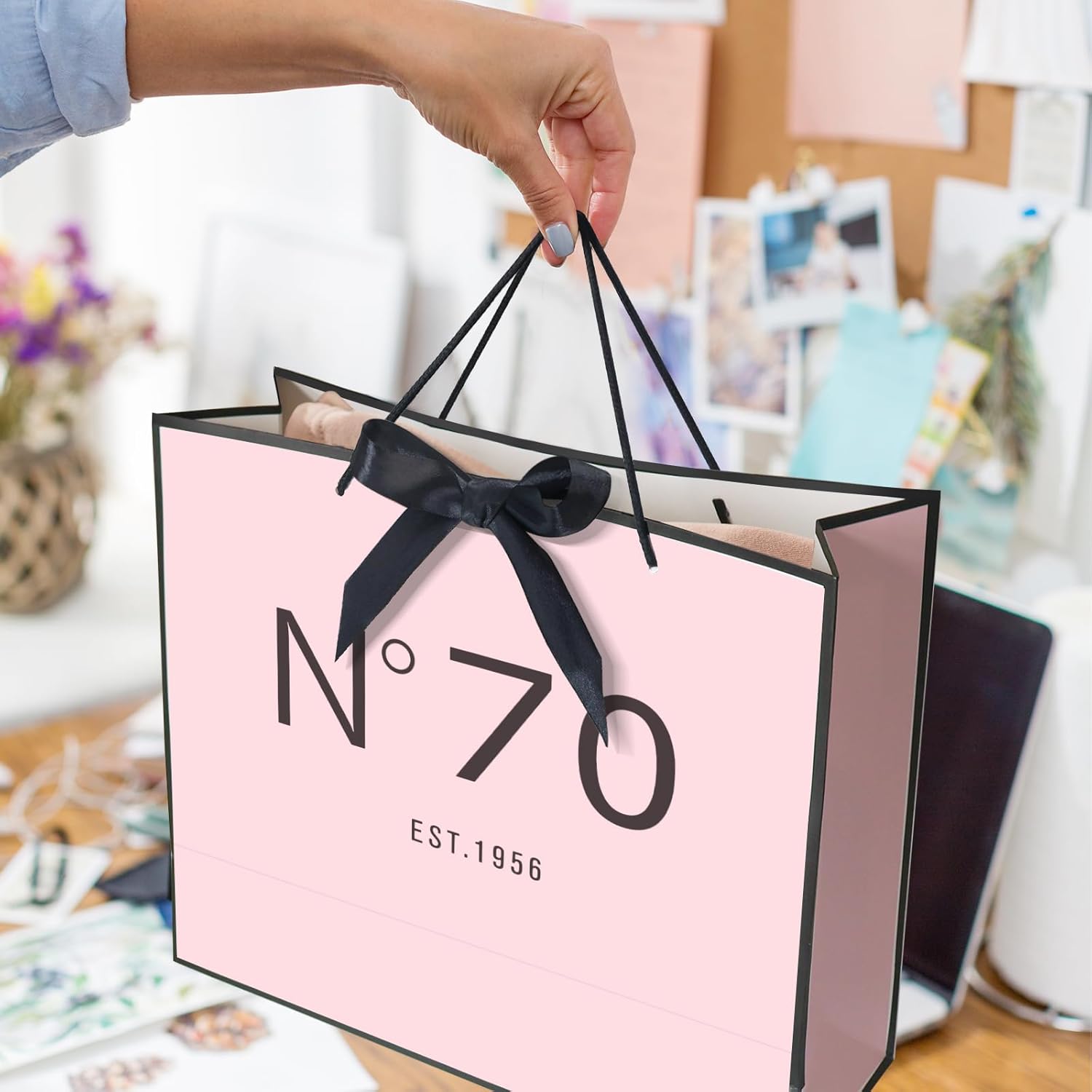 QLSKO 13" Birthday Gift Bag with Card Envelope Sticker Bow Ribbon and Tissue papers for Women Girls Design with Handles,13th-100th (EST.1956 70th, 13" W x 10.5" H x 4.3" D) - Image 6