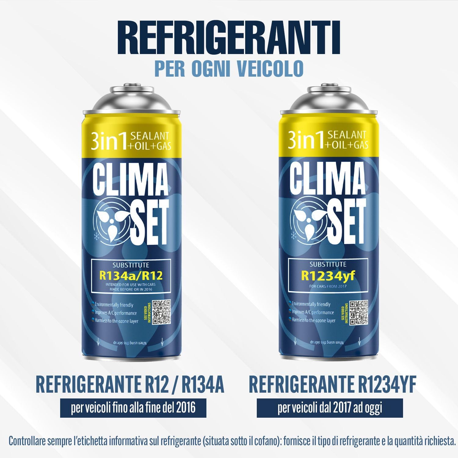 ClimaSet 3in1 Refrigerante di ricambio R134a 170 g - refrigerante R134a, R12 e Olio e Turafalle con tubo gas e manometri condizionatori - kit ricarica clima auto - ECO bombola