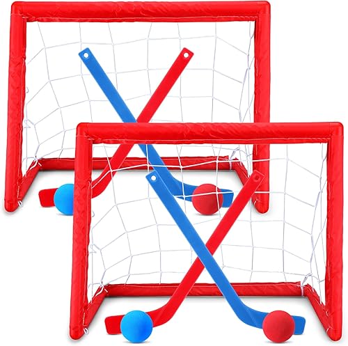 Juego de 2 juegos de mini hockey para niños, incluye 2 redes de hockey, 2 mini portería de hockey, 4 mini palos de hockey de plástico, 4 bolas de