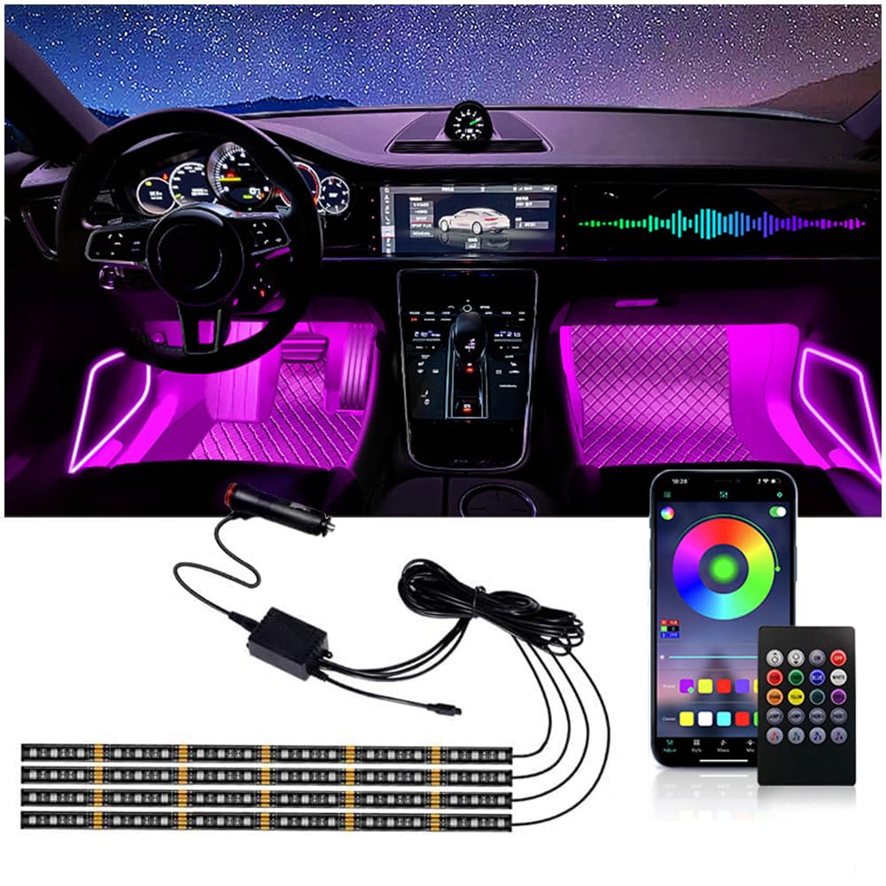 Oświetlenie wewnętrzne LED do samochodu, 4 paski 72 LED, oświetlenie wewnętrzne, oświetlenie otoczenia, 12 V, wodoszczelne, taśma LED z zapalniczką na papierosy, zastosowanie i sterowanie