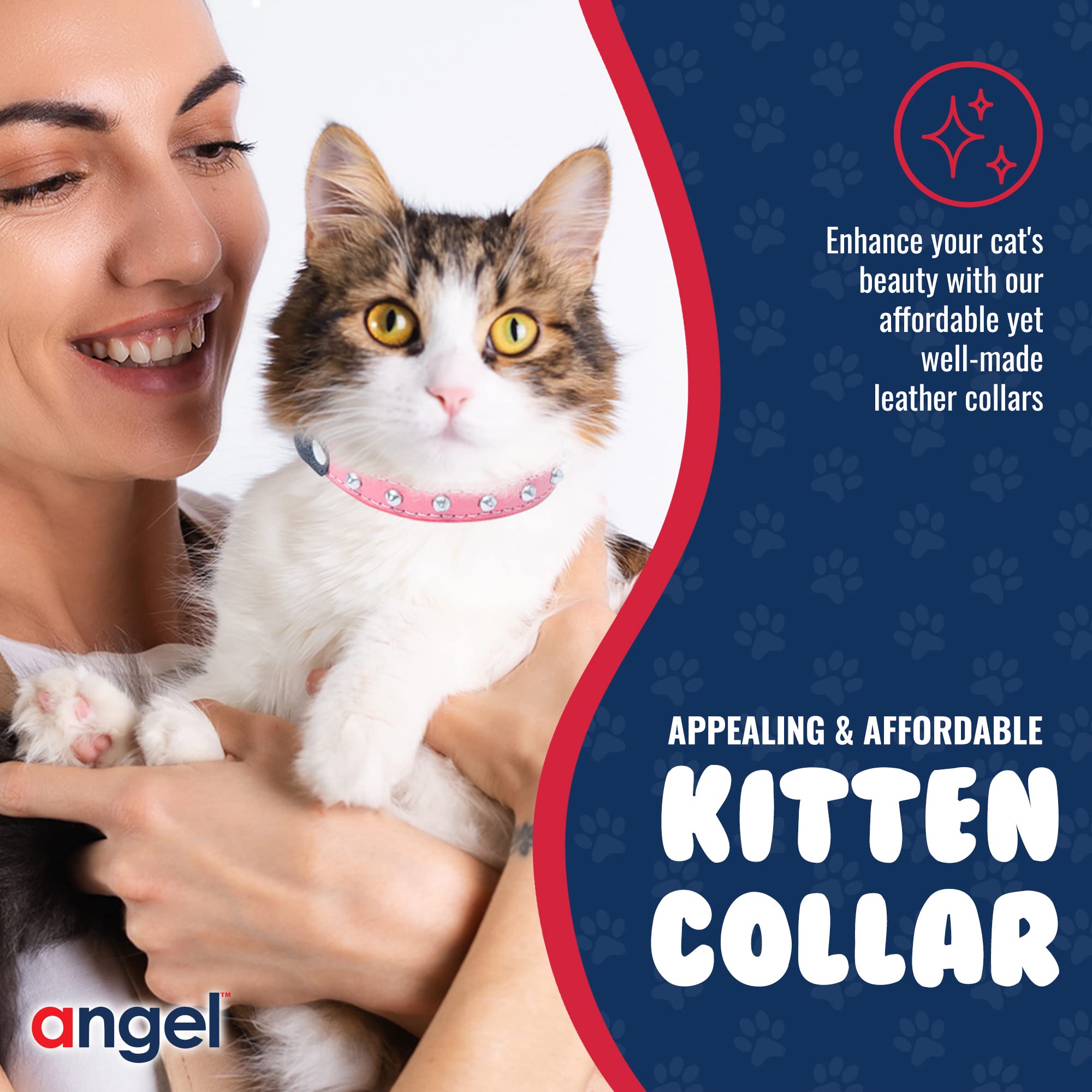 Angel Pet Supplies Inc. Ángel Mascota Suministros Piel Tachonado Collar de Gato con Seguridad elástico Stretch, 12 por 1/2-inch, Rosa