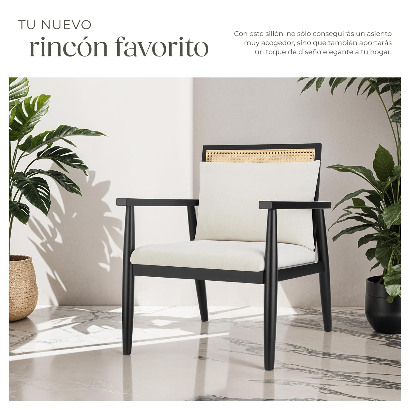 tectake® Sillón Vintage con Mimbre Vienés y Cojín Extraíble, Butaca de Salón con Reposabrazos y Gran Respaldo, Sillón Lectura, Sillón Relax de Fácil Montaje y Limpieza, Ideal Mueble Salón, Dormitorio